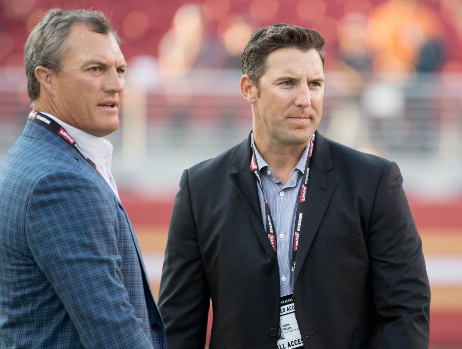 August 19, 2017; Santa Clara, CA, USA; San Francisco 49ers general manager John Lynch (left) and vice president of player personnel Adam Peters (right) before the game against the Denver Broncos at Levi's Stadium. The Broncos defeated the 49ers 33-14. Credit: Kyle Terada-USA TODAY Sports