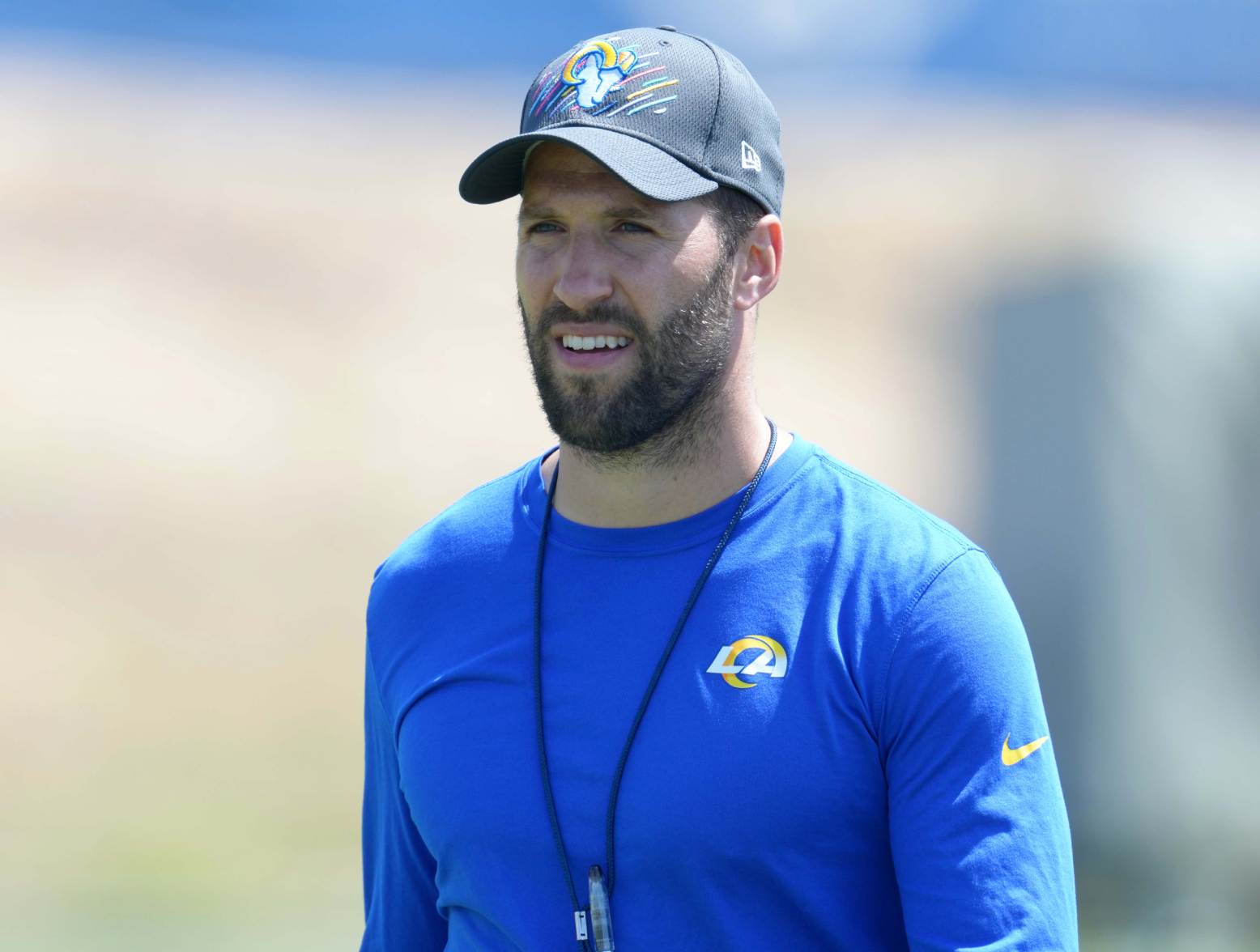 Jun 2, 2022; Thousand Oaks, CA, USA; Los Angeles Rams special teams assistant coach Jeremy Springer during organized team activities at California Lutheran University. Credit: Kirby Lee-USA TODAY Sports