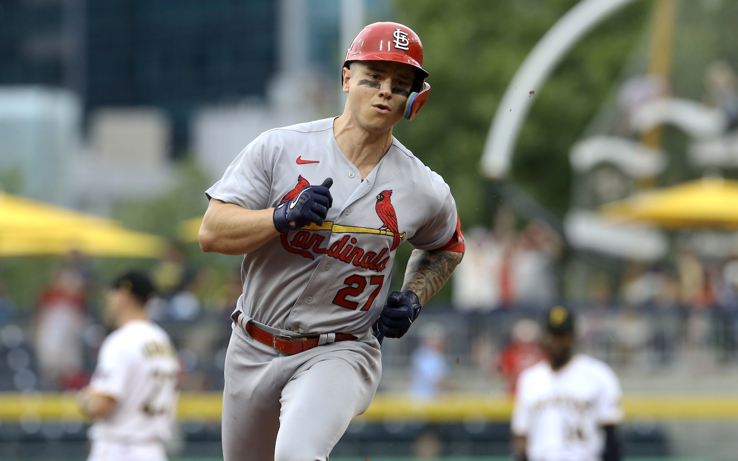 Sep 11, 2022; Pittsburgh, Pennsylvania, USA; St. Louis Cardinals center fielder Tyler O'Neill (27) circles the bases on a game winning solo home run against the Pittsburgh Pirates during the ninth inning at PNC Park. The Cardinals won 4-3. Mandatory Credit: Charles LeClaire-USA TODAY Sports