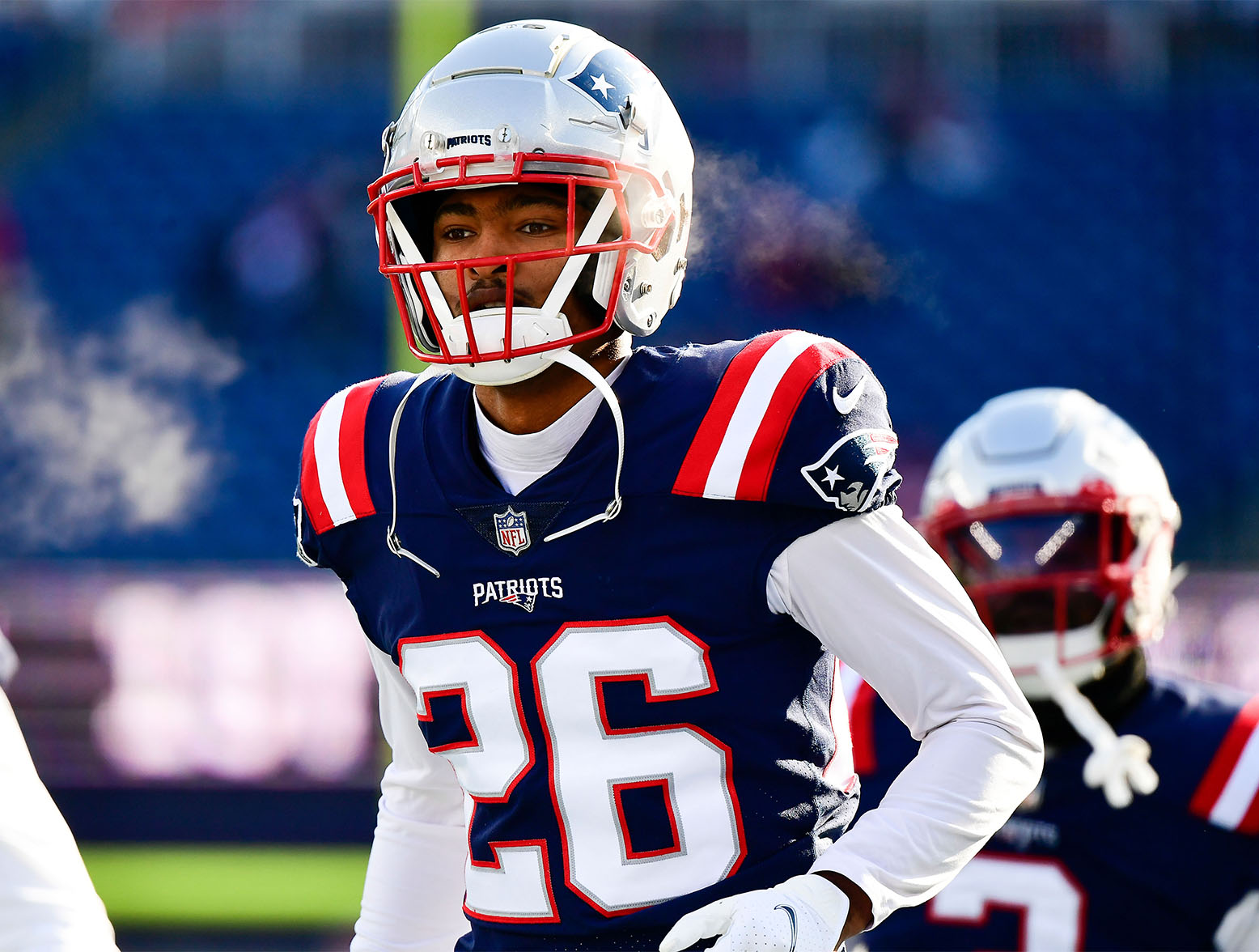 Dec 24, 2022; Foxborough, Massachusetts, USA; New England Patriots cornerback Shaun Wade (26) warms up before the start of a game against the Cincinnati Bengals at Gillette Stadium. Mandatory Credit: Eric Canha-USA TODAY Sports