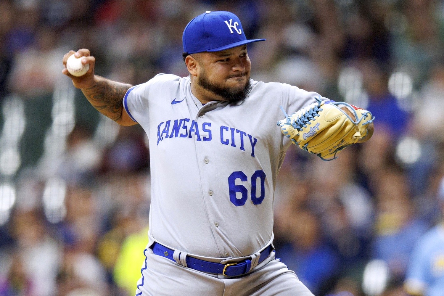 May 12, 2023; Milwaukee, Wisconsin, USA; Kansas City Royals pitcher Max Castillo (60) throws a pitch during the second inning against the Milwaukee Brewers at American Family Field. Mandatory Credit: Jeff Hanisch-USA TODAY Sports