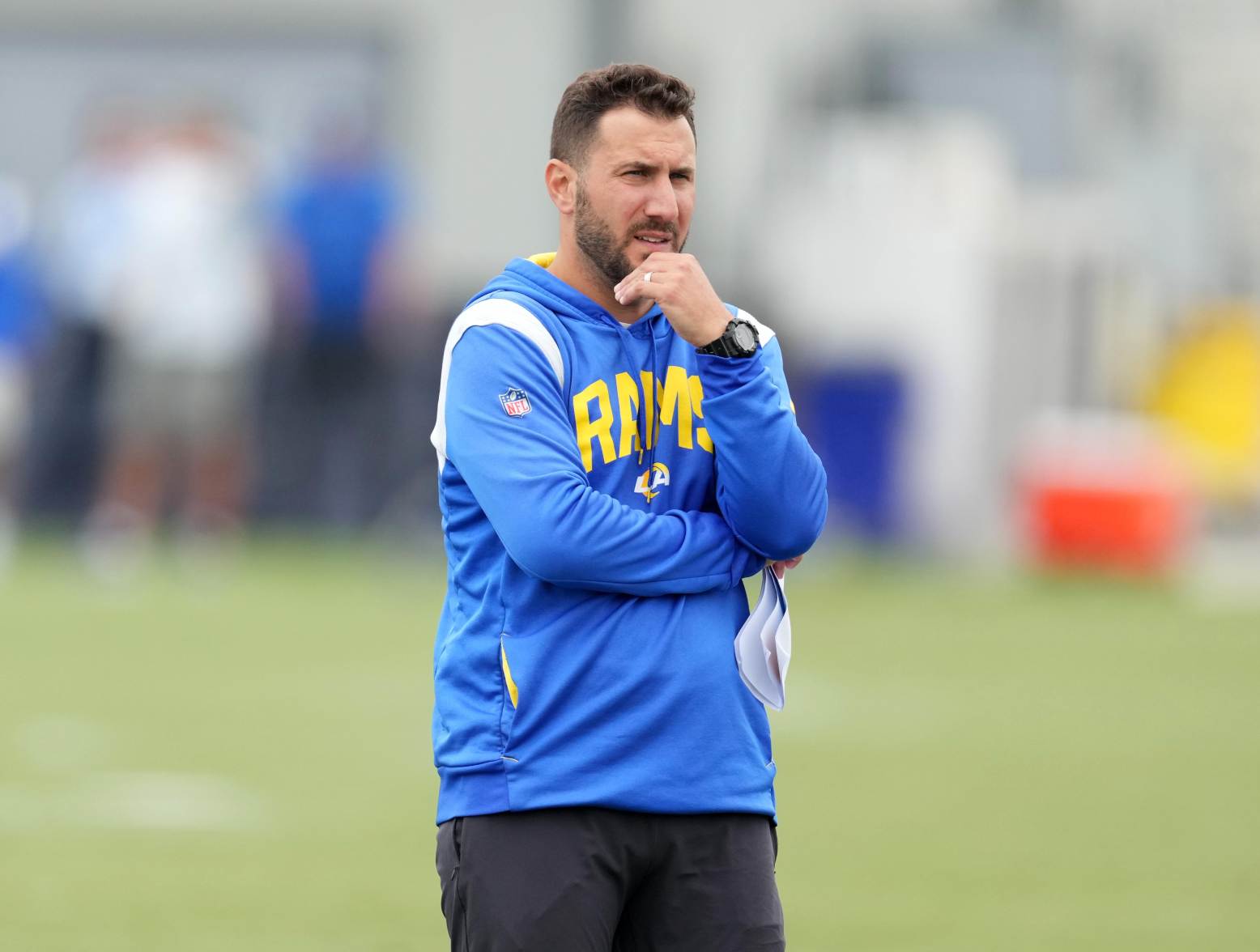 Jun 14, 2023; Thousand Oaks, CA, USA; Los Angeles Rams tight ends coach Nick Caley during minicamp at Cal Lutheran University. Credit: Kirby Lee-USA TODAY Sports