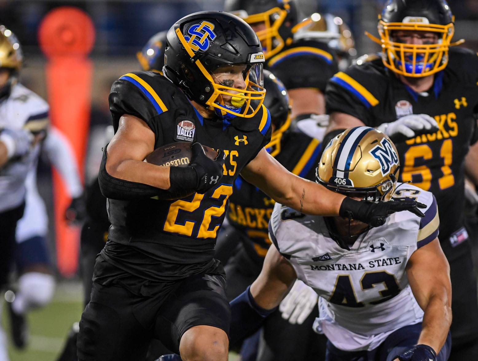 SDSU's Isaiah Davis (22) tries to defend ball while playing against the Montana State Bobcats at Dana J. Dykhouse Stadium in Brookings, South Dakota on Saturday, Sept. 9, 2023. (Samantha Laurey/Argus Leader/USA TODAY Network)
