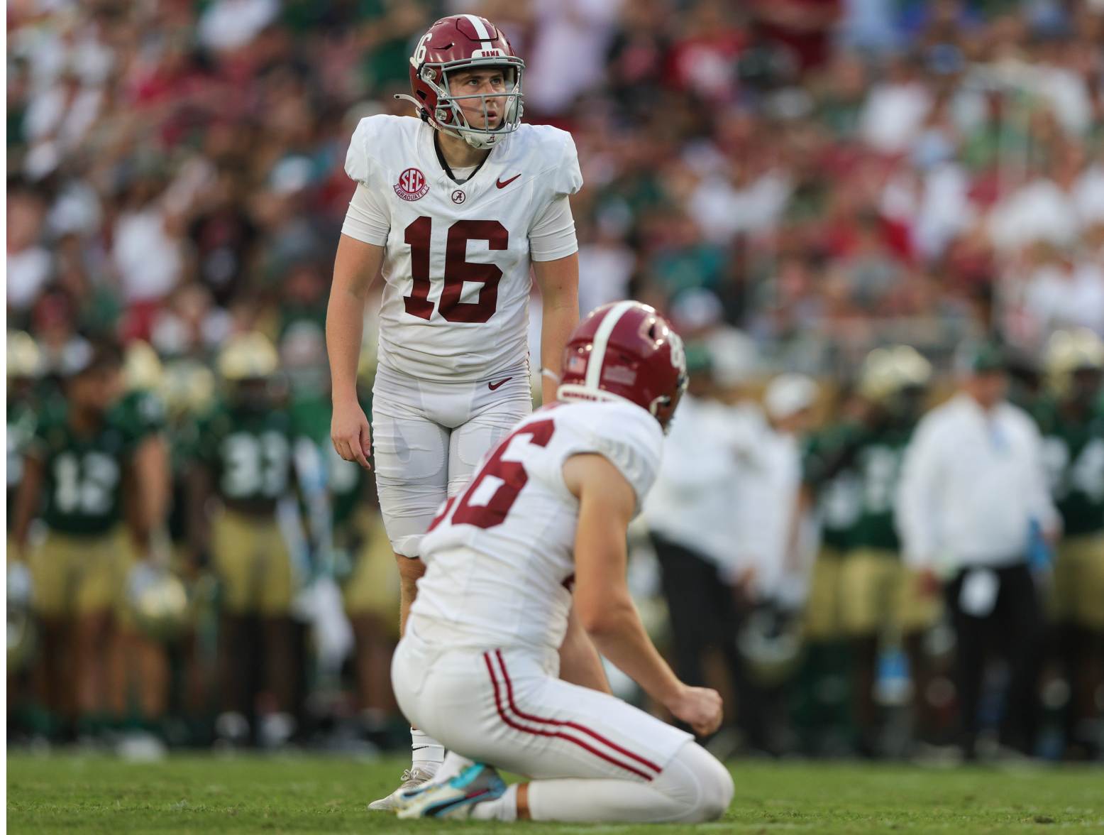 Sep 16, 2023; Tampa, Florida, USA;  Alabama Crimson Tide place kicker Will Reichard (16) lines up a field goal against the South Florida Bulls in the third quarter at Raymond James Stadium. Credit: Nathan Ray Seebeck-USA TODAY Sports