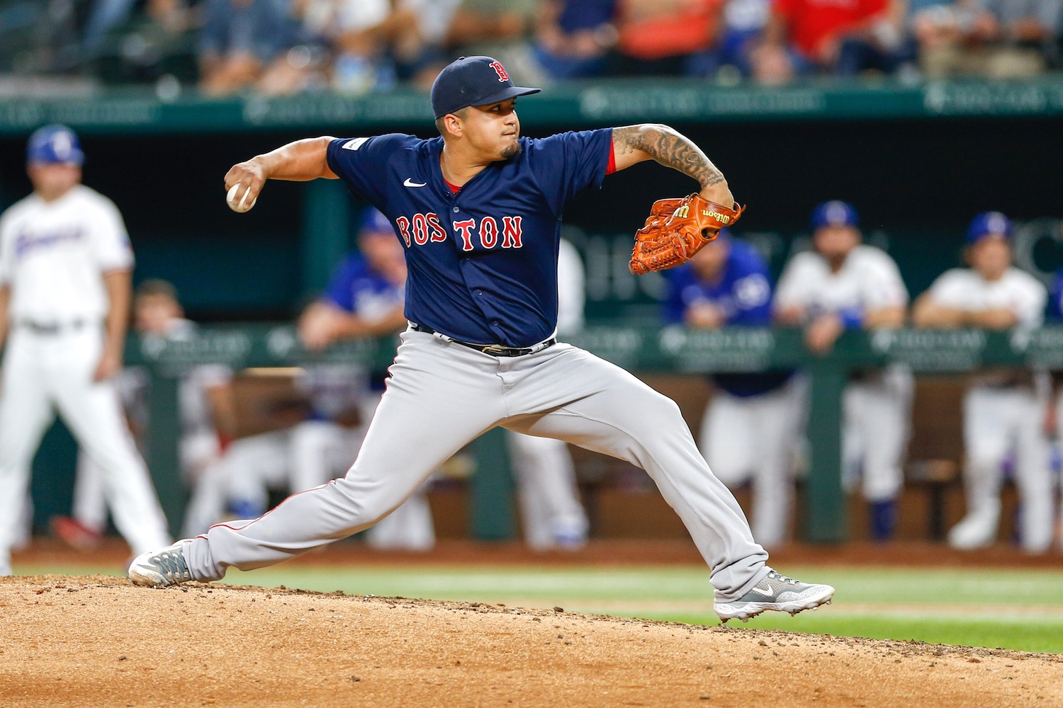 Sep 19, 2023; Arlington, Texas, USA; Boston Red Sox relief pitcher Mauricio Llovera (68) comes in to pitch during the sixth inning against the Texas Rangers at Globe Life Field. Mandatory Credit: Andrew Dieb-USA TODAY Sports