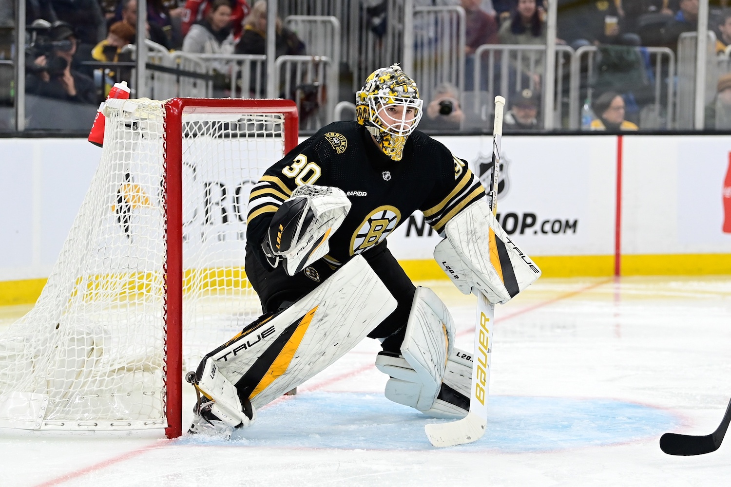 Sep 24, 2023; Boston, Massachusetts, USA; Boston Bruins goalie Brandon Bussi (30) tends net against the New York Rangers during the second period at TD Garden. Mandatory Credit: Eric Canha-USA TODAY Sports