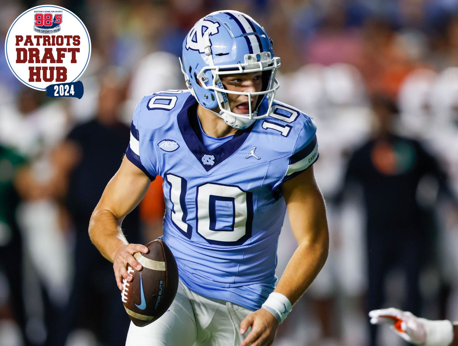 Oct 14, 2023; Chapel Hill, North Carolina, USA; North Carolina Tar Heels quarterback Drake Maye (10) runs against the Miami Hurricanes in the first half at Kenan Memorial Stadium. Credit: Nell Redmond-USA TODAY Sports