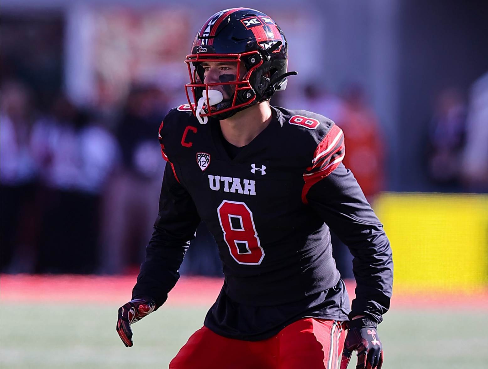 Oct 14, 2023; Salt Lake City, Utah, USA; Utah Utes safety Cole Bishop (8) looks on against the California Golden Bears in the second half at Rice-Eccles Stadium. Credit: Rob Gray-USA TODAY Sports