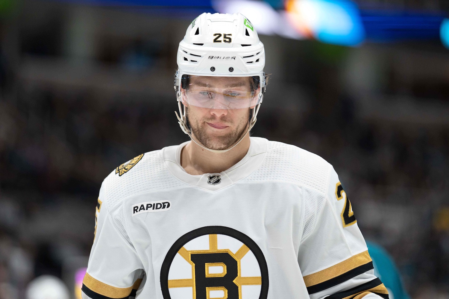 Oct 19, 2023; San Jose, California, USA; Boston Bruins defenseman Brandon Carlo (25) during the second period against the San Jose Sharks at SAP Center at San Jose. Mandatory Credit: Stan Szeto-USA TODAY Sports