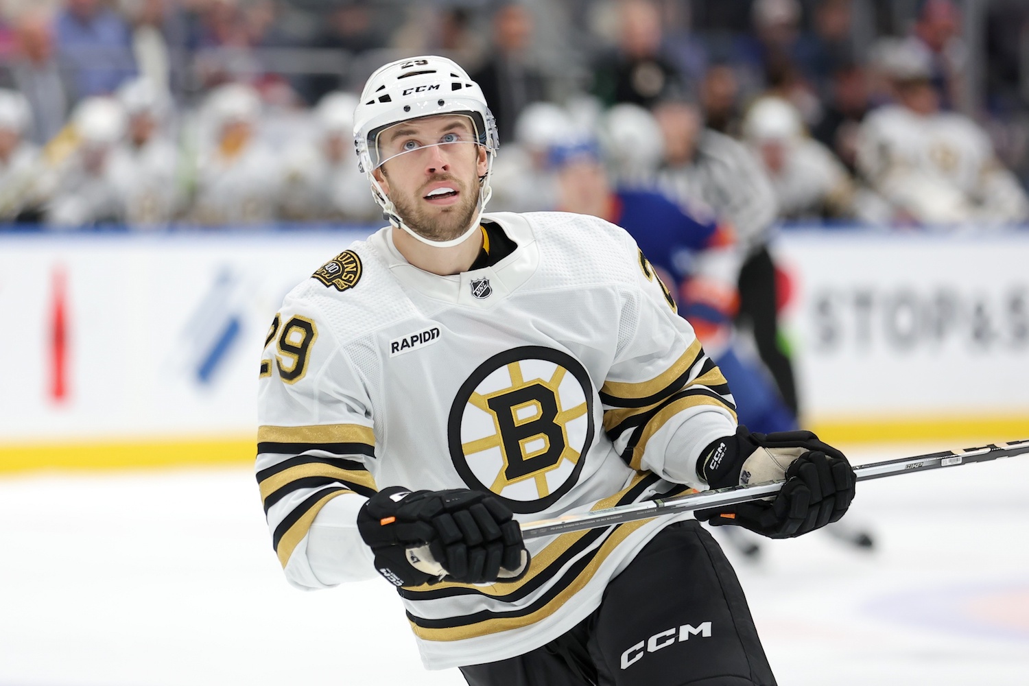 Dec 15, 2023; Elmont, New York, USA; Boston Bruins defenseman Parker Wotherspoon (29) during the second period against the New York Islanders at UBS Arena. Mandatory Credit: Brad Penner-USA TODAY Sports