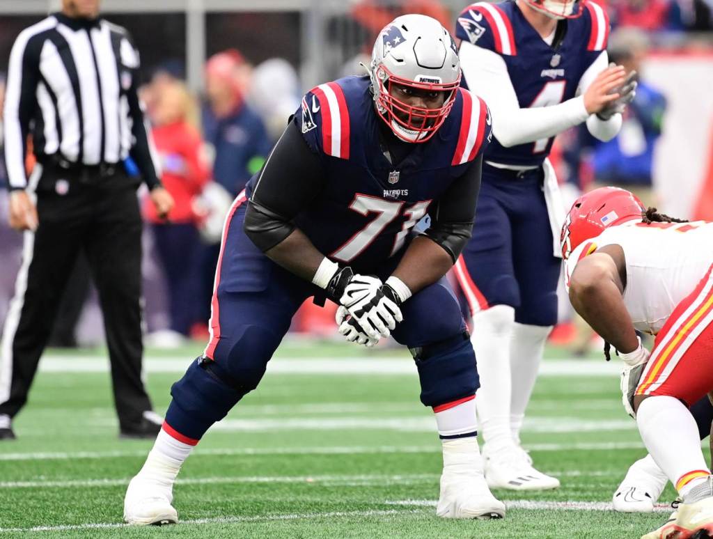 Dec 17, 2023; Foxborough, Massachusetts, USA; New England Patriots guard Mike Onwenu (71) lines up against the Kansas City Chiefs during the second half at Gillette Stadium. Credit: Eric Canha-USA TODAY Sports