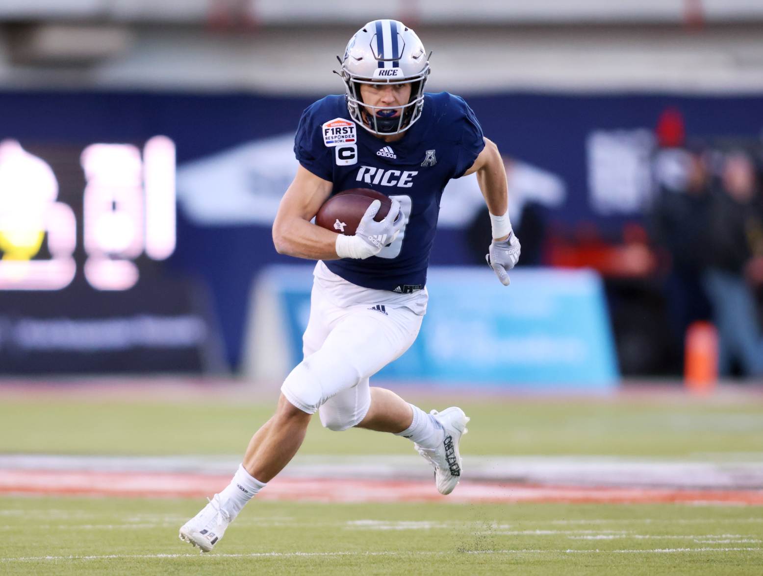 Dec 26, 2023; Dallas, TX, USA; Rice Owls wide receiver Luke McCaffrey (10) runs with the ball against the Texas State Bobcats in the first quarter at Gerald J Ford Stadium. Credit: Tim Heitman-USA TODAY Sports