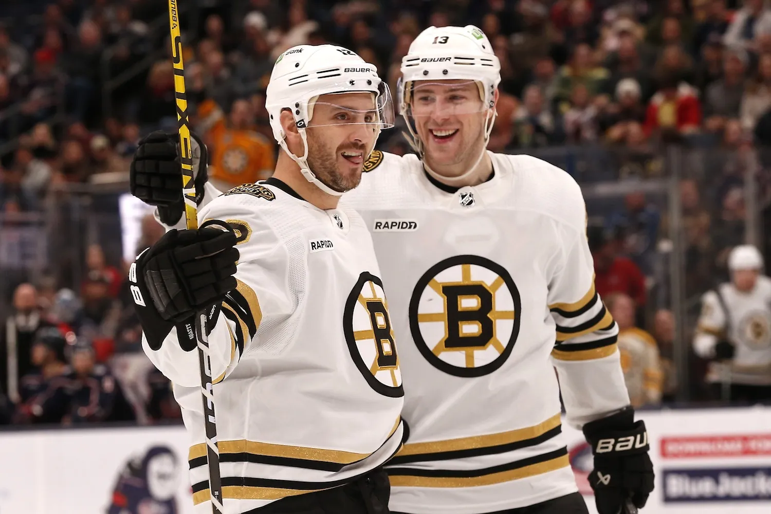 Jan 2, 2024; Columbus, Ohio, USA; Boston Bruins defenseman Kevin Shattenkirk (12) celebrates his goal against the Columbus Blue Jackets during the second period at Nationwide Arena. Mandatory Credit: Russell LaBounty-USA TODAY Sports