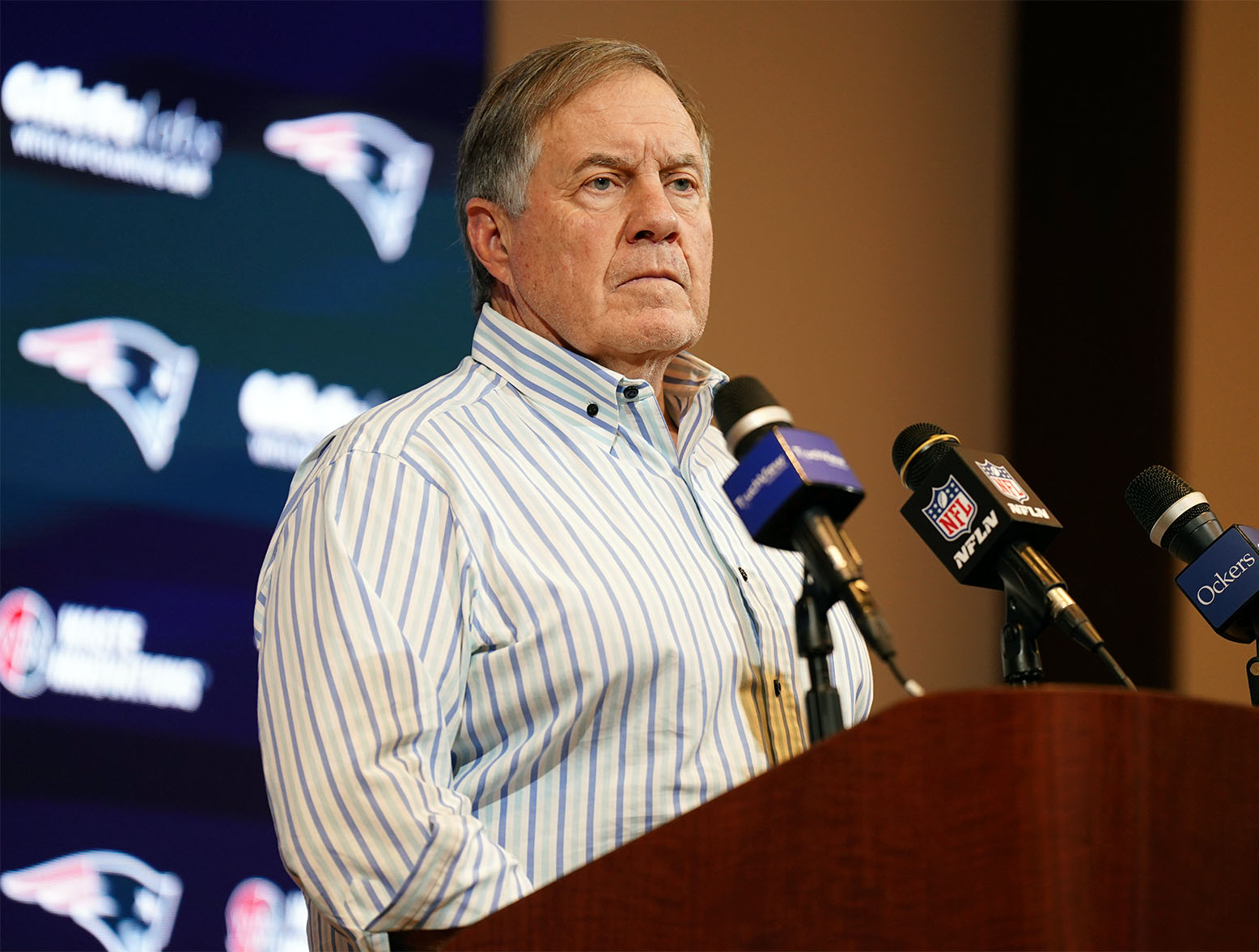 Jan 7, 2024; Foxborough, Massachusetts, USA; New England Patriots head coach Bill Belichick talks to reporters after the game against the New York Jets at Gillette Stadium. Mandatory Credit: David Butler II-USA TODAY Sports