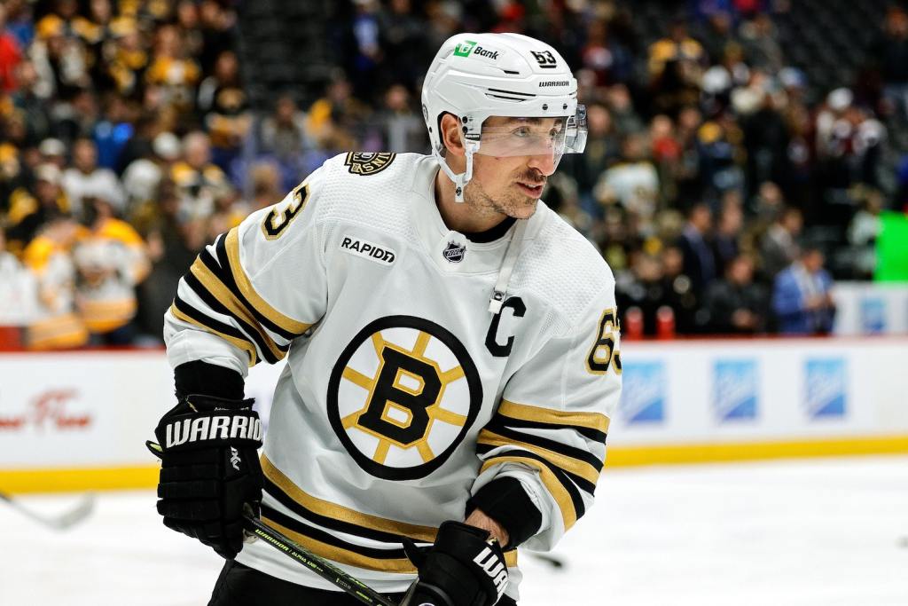 Jan 8, 2024; Denver, Colorado, USA; Boston Bruins left wing Brad Marchand (63) before the game against the Colorado Avalanche at Ball Arena. Mandatory Credit: Isaiah J. Downing-USA TODAY Sports