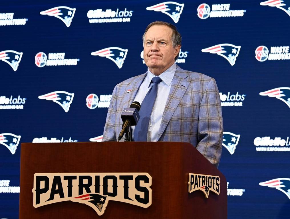 Jan 11, 2024; Foxborough, MA, USA; New England Patriots former head coach Bill Belichick holds a press conference at Gillette Stadium to announce his exit from the team. Credit: Eric Canha-USA TODAY Sports