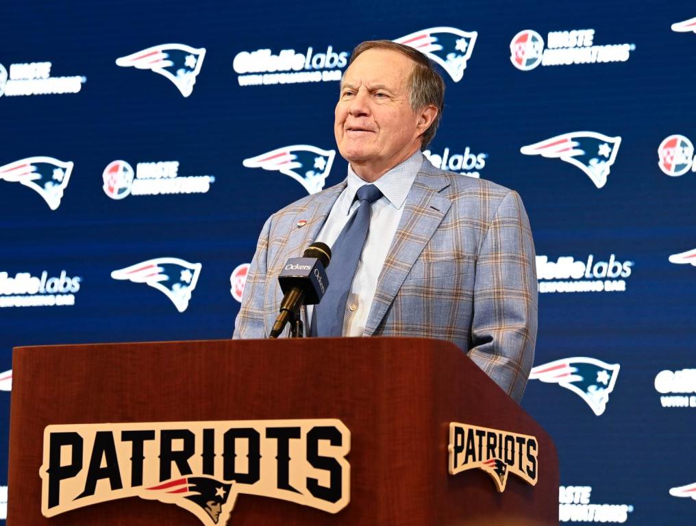 Jan 11, 2024; Foxborough, MA, USA; New England Patriots former head coach Bill Belichick holds a press conference at Gillette Stadium to announce his exit from the team. Credit: Eric Canha-USA TODAY Sports