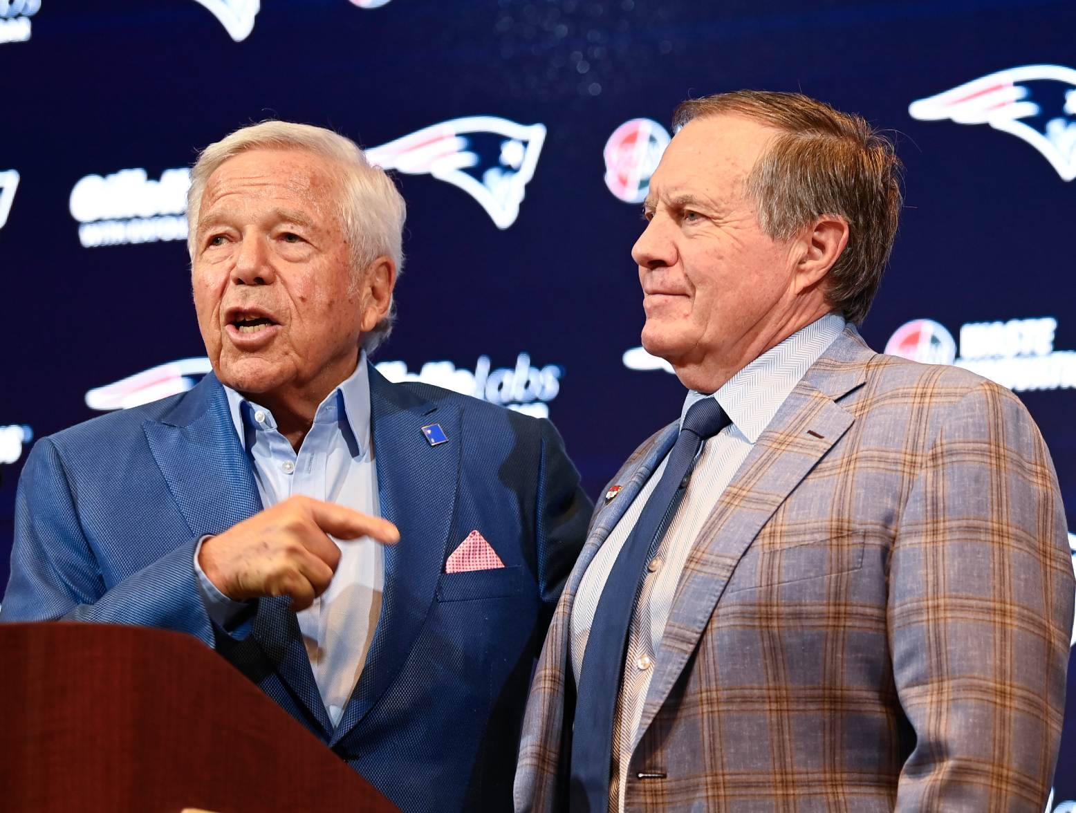 Jan 11, 2024; Foxborough, MA, USA; New England Patriots owner Robert Kraft (left) and Patriots former head coach Bill Belichick (right) and hold a press conference at Gillette Stadium to announce Belichick's exit from the team. Credit: Eric Canha-USA TODAY Sports