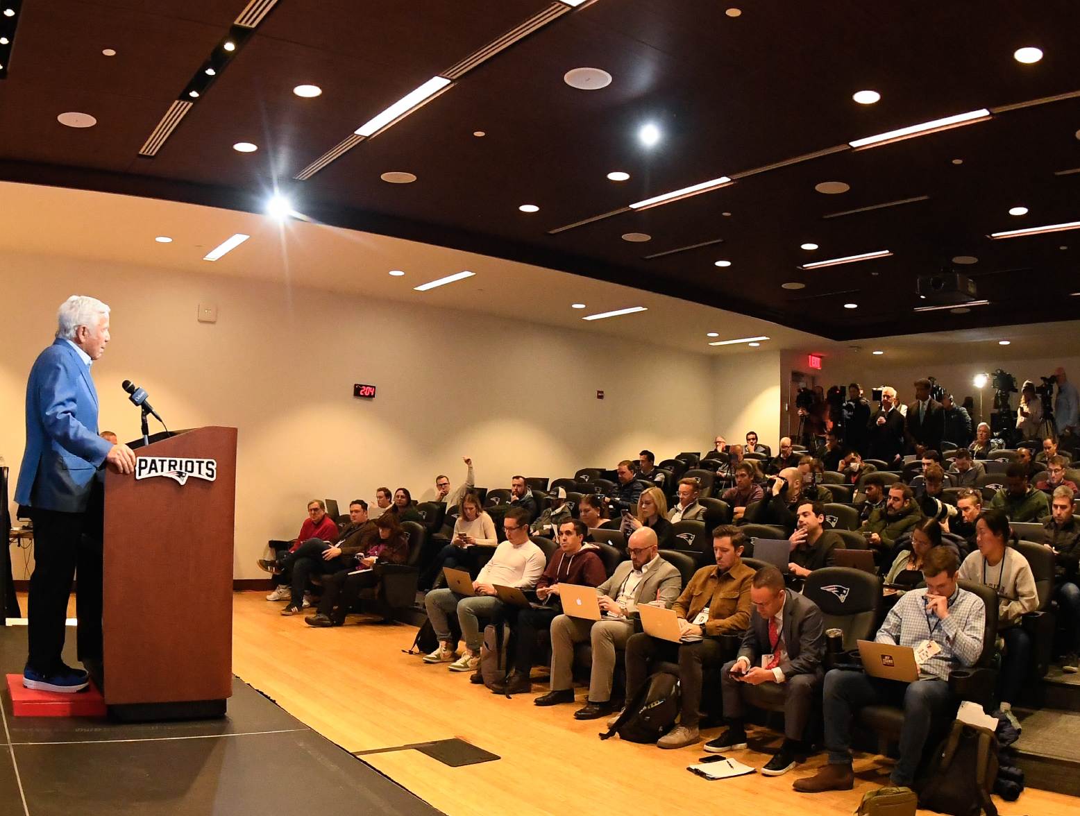 Jan 11, 2024; Foxborough, MA, USA; New England Patriots owner Robert Kraft holds a press conference at Gillette Stadium to answer questions about former head coach Bill Belichick's (not pictured) exit from the team. Credit: Eric Canha-USA TODAY Sports