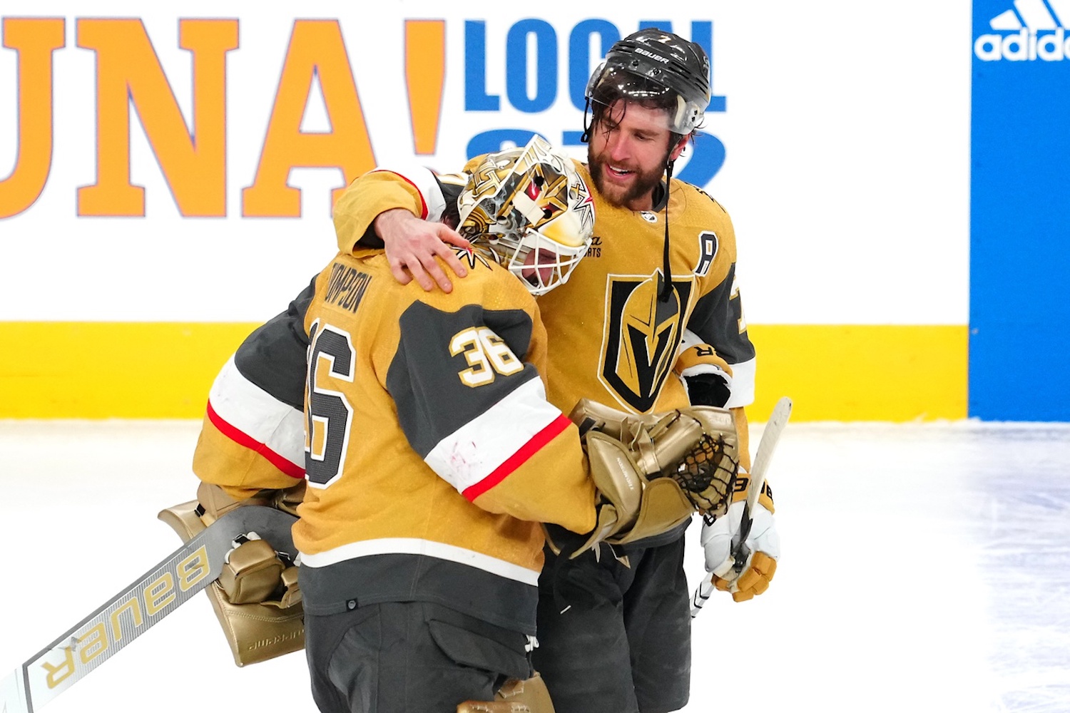 Jan 11, 2024; Las Vegas, Nevada, USA; Vegas Golden Knights defenseman Alex Pietrangelo (7) celebrates with Vegas Golden Knights goaltender Logan Thompson (36) after scoring a goal against the Boston Bruins in overtime to give the Golden Knights a 2-1 victory at T-Mobile Arena. Mandatory Credit: Stephen R. Sylvanie-USA TODAY Sports