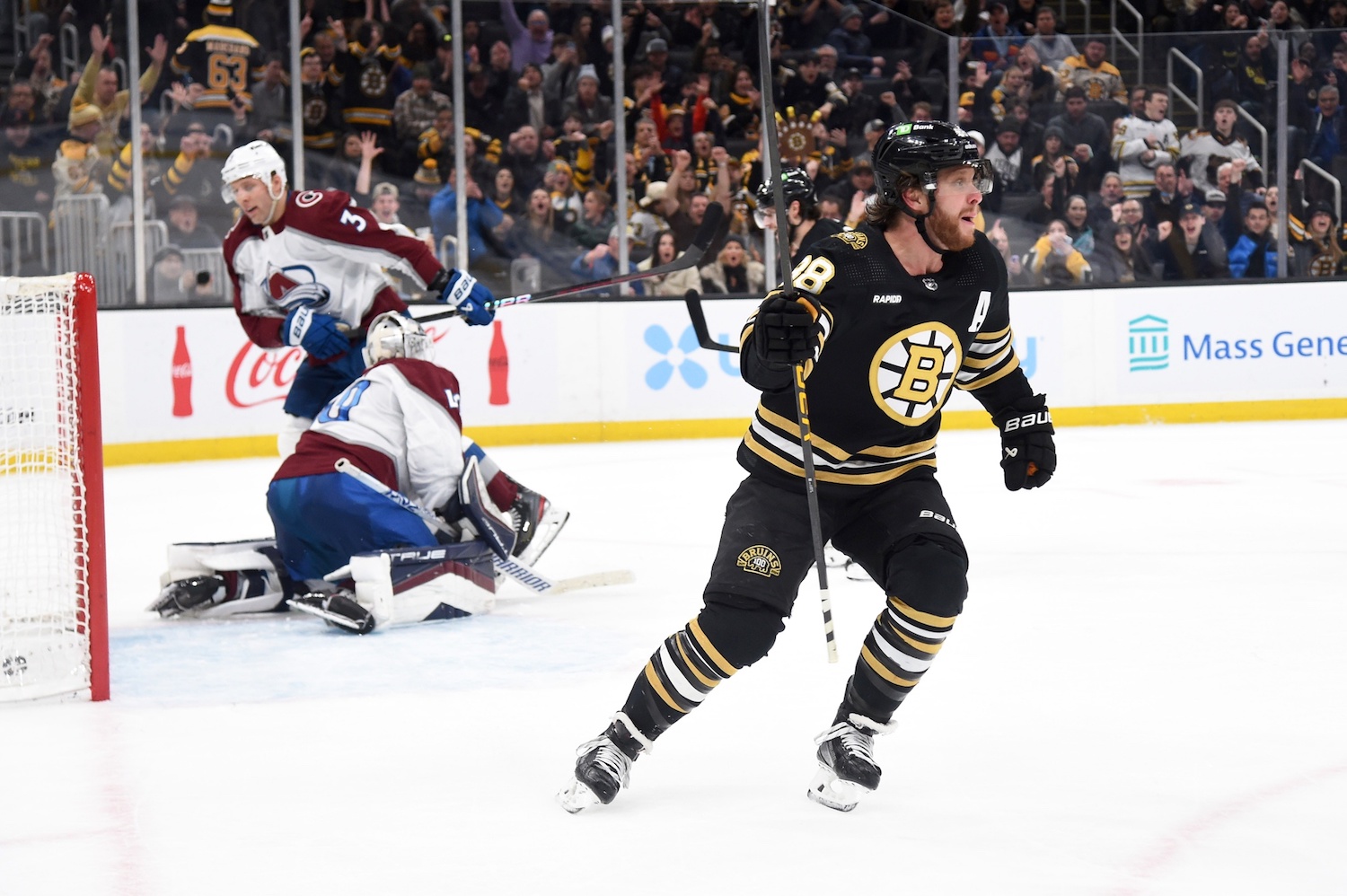 Jan 18, 2024; Boston, Massachusetts, USA; Boston Bruins right wing David Pastrnak (88) reacts after scoring a goal during the third period against the Colorado Avalanche at TD Garden. Mandatory Credit: Bob DeChiara-USA TODAY Sports