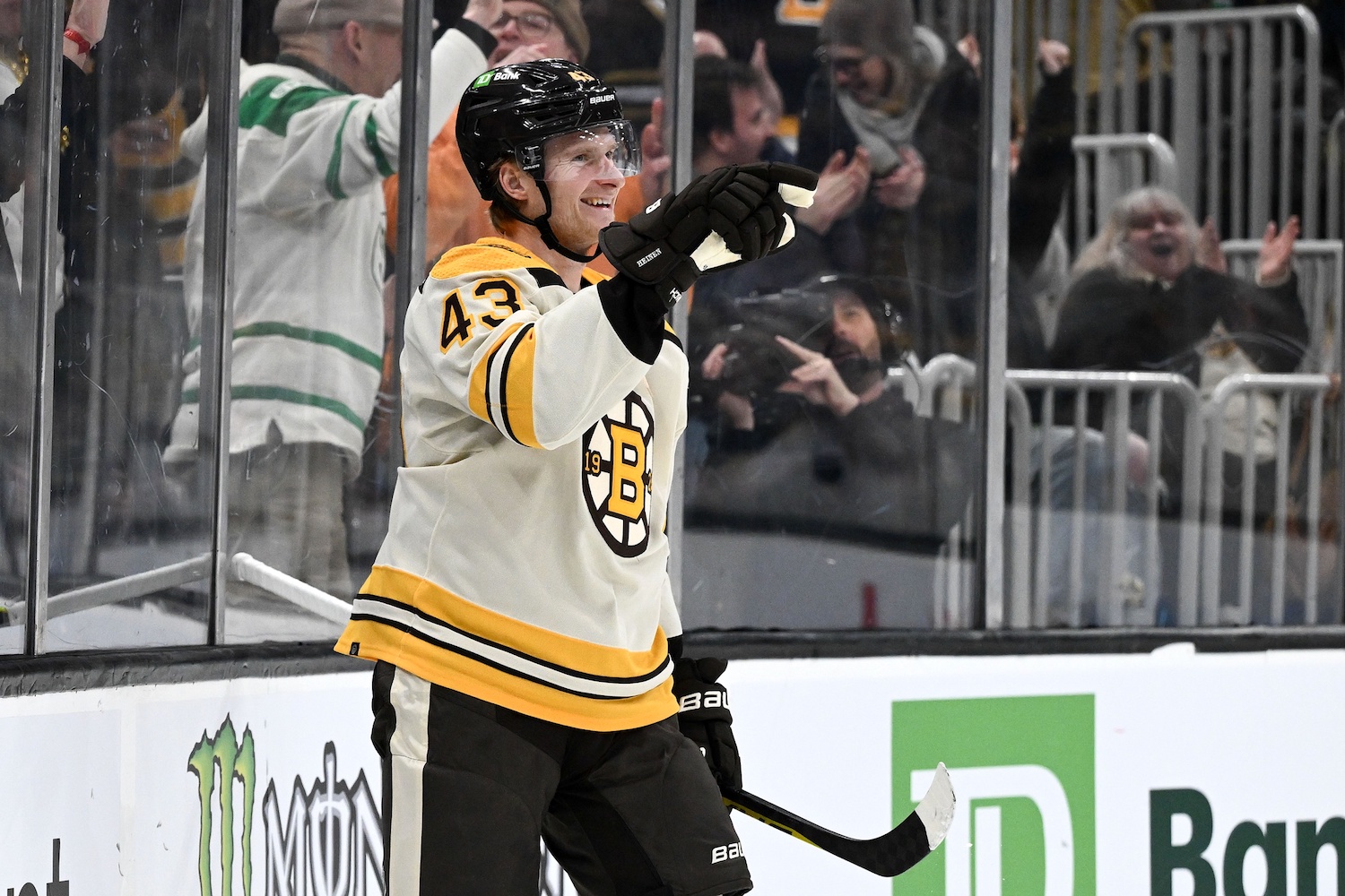 Jan 20, 2024; Boston, Massachusetts, USA; Boston Bruins left wing Danton Heinen (43) reacts after scoring a goal against the Montreal Canadiens during the third period at the TD Garden. Mandatory Credit: Brian Fluharty-USA TODAY Sports