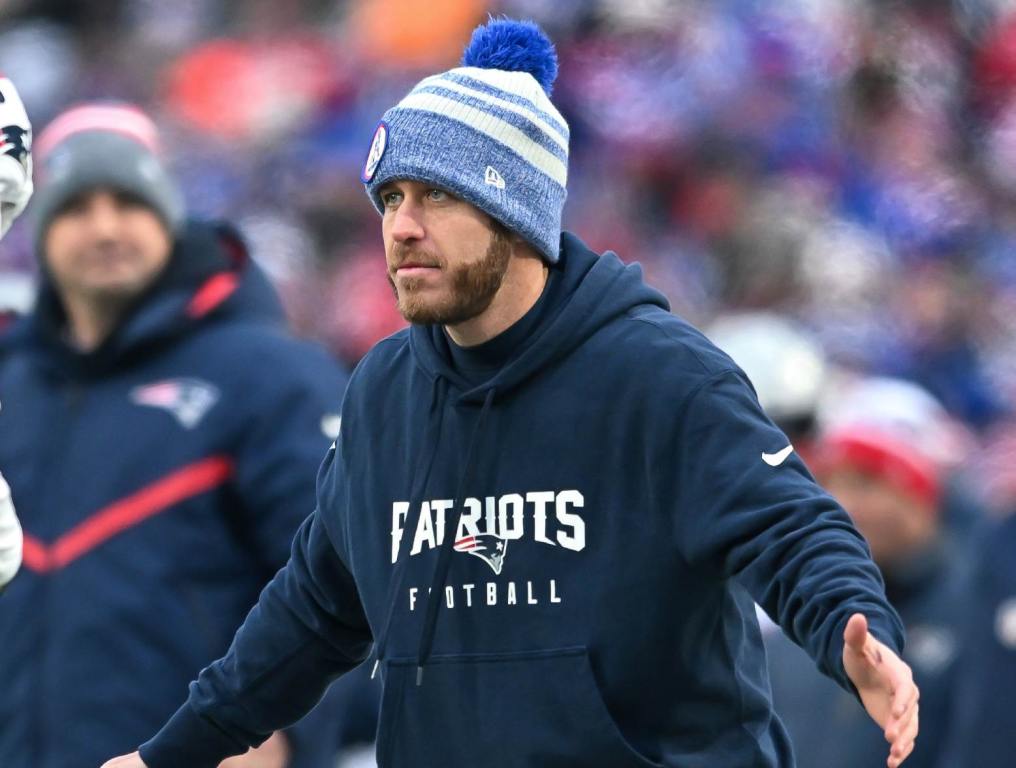 Dec 31, 2023; Orchard Park, New York, USA; New England Patriots special teams assistant coach Joe Houston reacts to a play against the Buffalo Bills in the first quarter at Highmark Stadium. Credit: Mark Konezny-USA TODAY Sports