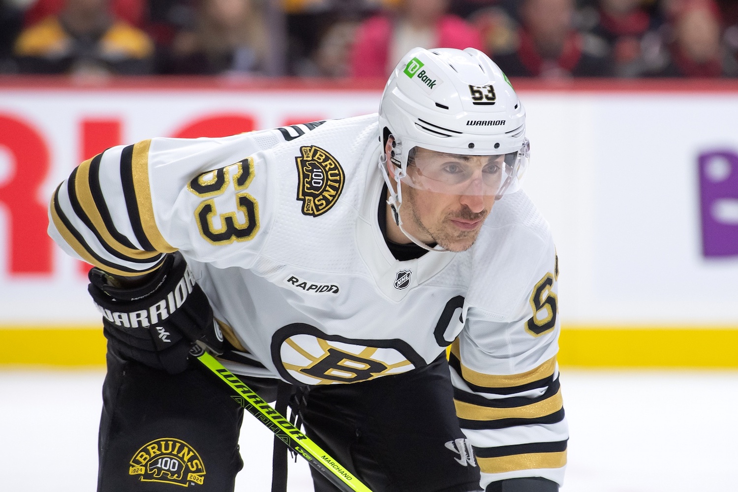 Jan 25, 2024; Ottawa, Ontario, CAN; Boston Bruins left wing Brad Marchand (63) sets up for a face-off in the second period against the Ottawa Senators at Canadian Tire Centre. Mandatory Credit: Marc DesRosiers-USA TODAY Sports