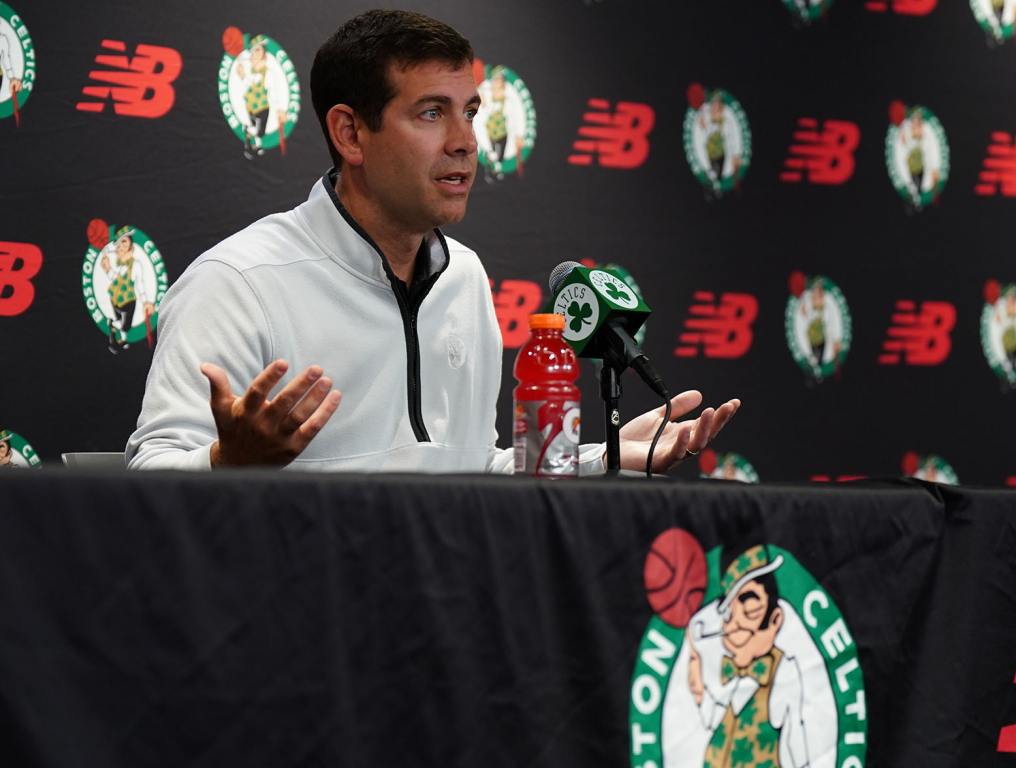 Oct 2, 2023; Boston, Celtics, USA; Boston Celtics president of basketball operations Brad Stevens talks during Boston Celtics Media Day. Mandatory Credit: David Butler II-USA TODAY Sports