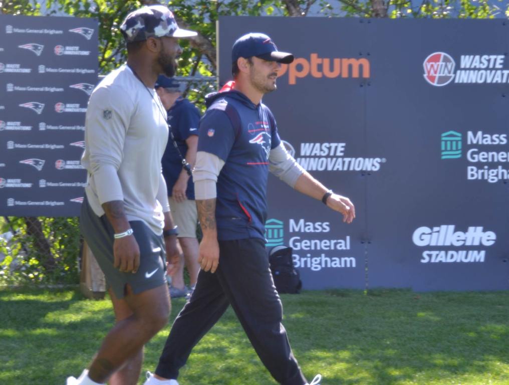 New England Patriots cornerbacks coach Mike Pellegrino walks onto the practice field behind Gillette Stadium for training camp practice on August 2, 2023. (Jim Louth/98.5 The Sports Hub)