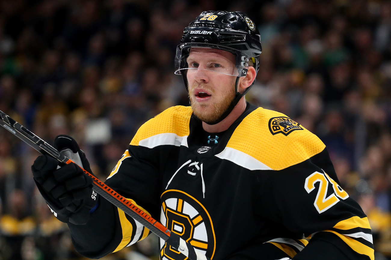 BOSTON, MASSACHUSETTS - FEBRUARY 27: Ondrej Kase #28 of the Boston Bruins looks on during his first game with the Bruins at TD Garden on February 27, 2020 in Boston, Massachusetts. (Photo by Maddie Meyer/Getty Images)