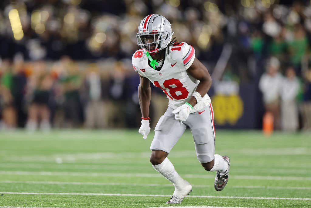 SOUTH BEND, INDIANA - SEPTEMBER 23: Marvin Harrison Jr. #18 of the Ohio State Buckeyes in action against the Notre Dame Fighting Irish during the second half at Notre Dame Stadium on September 23, 2023 in South Bend, Indiana. (Photo by Michael Reaves/Getty Images)