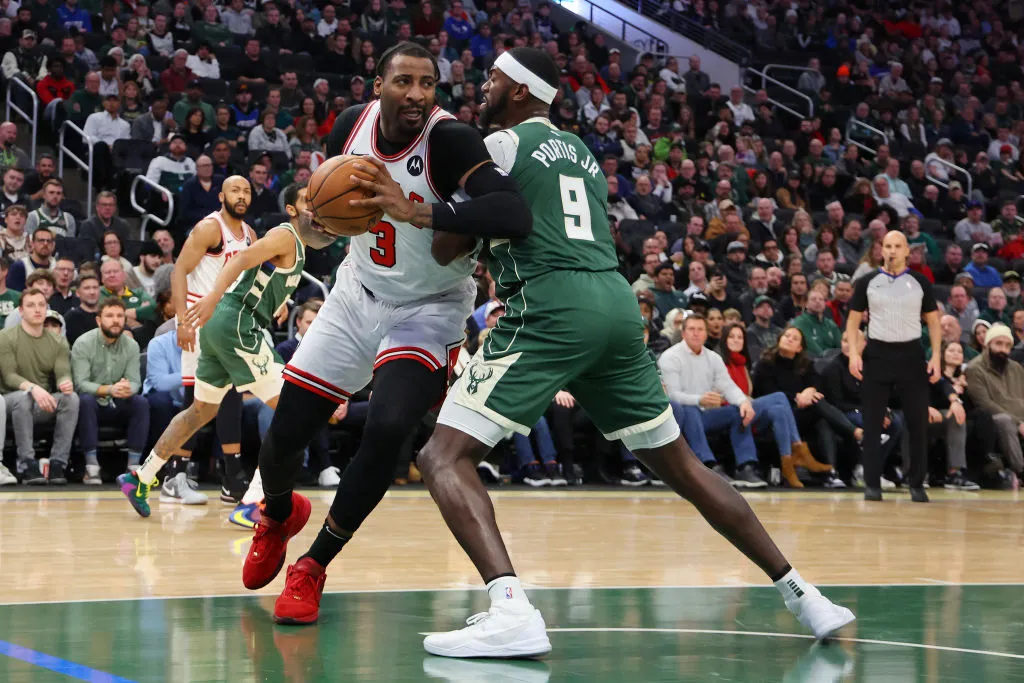 MILWAUKEE, WISCONSIN - DECEMBER 11: Andre Drummond #3 of the Chicago Bulls works against Bobby Portis #9 of the Milwaukee Bucks during a game at Fiserv Forum on December 11, 2023 in Milwaukee, Wisconsin. (Photo by Stacy Revere/Getty Images)