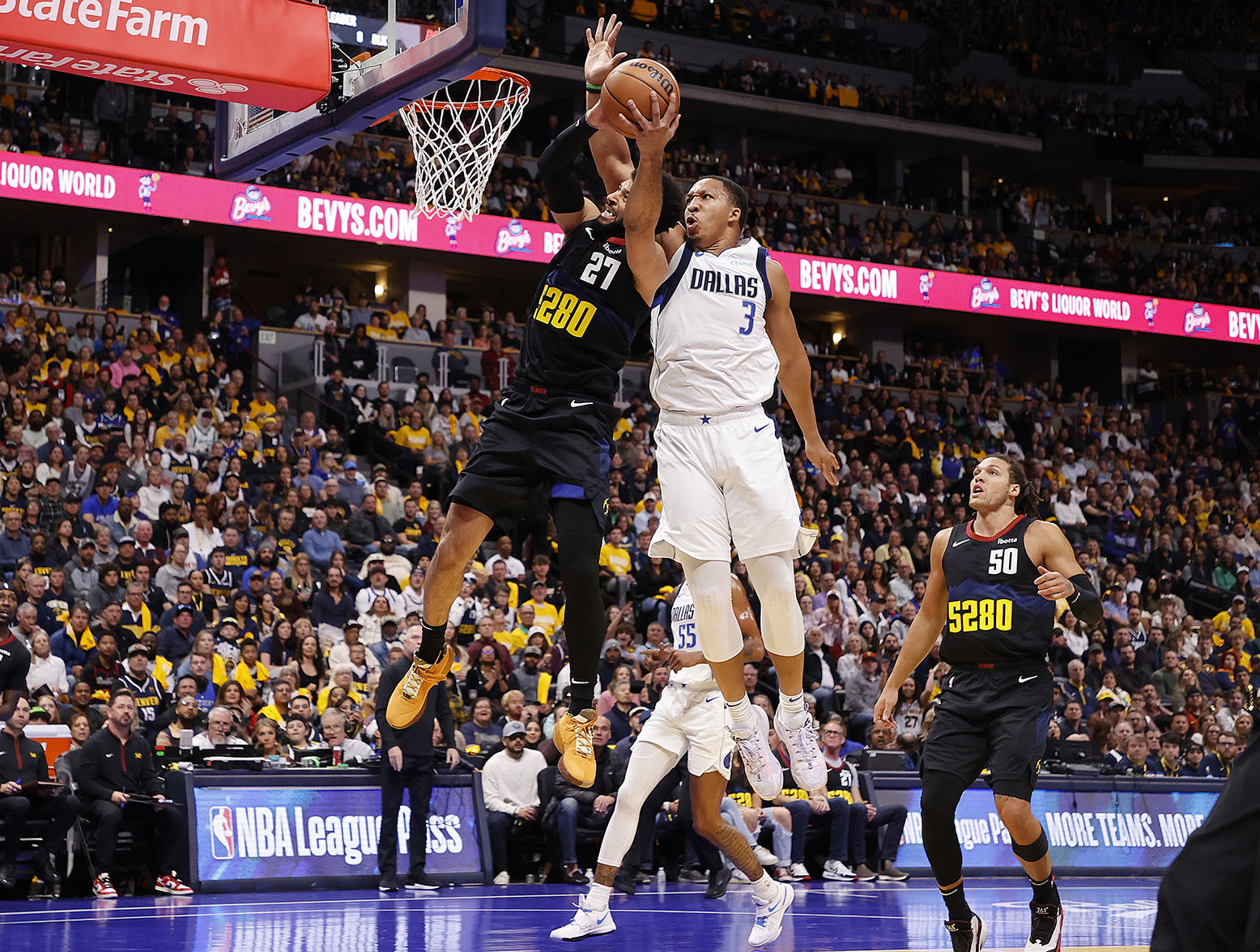 DENVER, COLORADO - NOVEMBER 3: Jamal Murray #27 of the Denver Nuggets goes to the basket against Grant Williams #3 of the Dallas Mavericks during the NBA In-Season Tournament game at Ball Arena on November 3, 2023 in Denver, Colorado. NOTE TO USER: User expressly acknowledges and agrees that, by downloading and or using this photograph, User is consenting to the terms and conditions of the Getty Images License Agreement. (Photo by C. Morgan Engel/Getty Images)