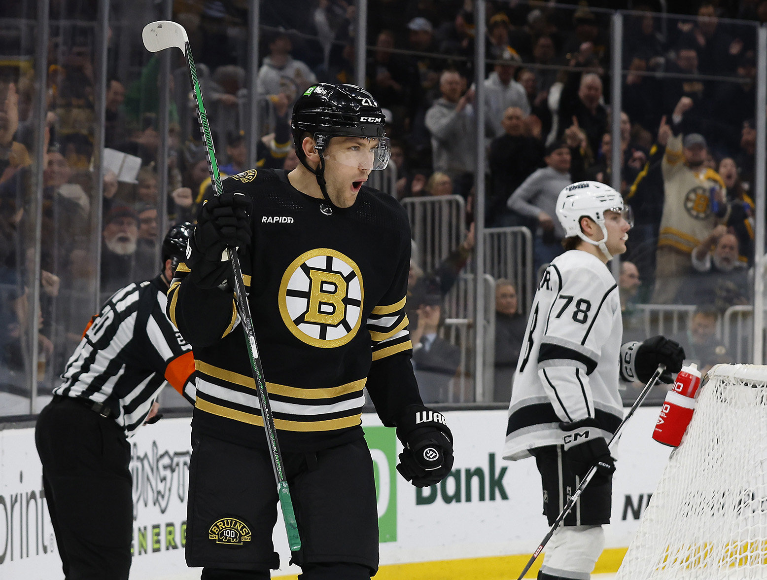 Feb 17, 2024; Boston, Massachusetts, USA; Boston Bruins left wing James van Riemsdyk (21) celebrates the first of his two goals during the first period as Los Angeles Kings right wing Alex Laferriere (78) skates away at TD Garden. Mandatory Credit: Winslow Townson-USA TODAY Sports