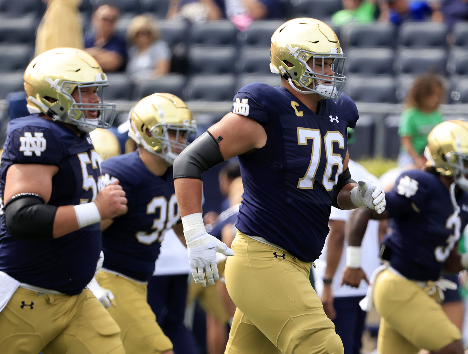 SOUTH BEND, INDIANA - SEPTEMBER 16: Joe Alt #76 of the Notre Dame Fighting Irish warms up before the game against the Central Michigan Chippewas at Notre Dame Stadium on September 16, 2023 in South Bend, Indiana. (Photo by Justin Casterline/Getty Images)