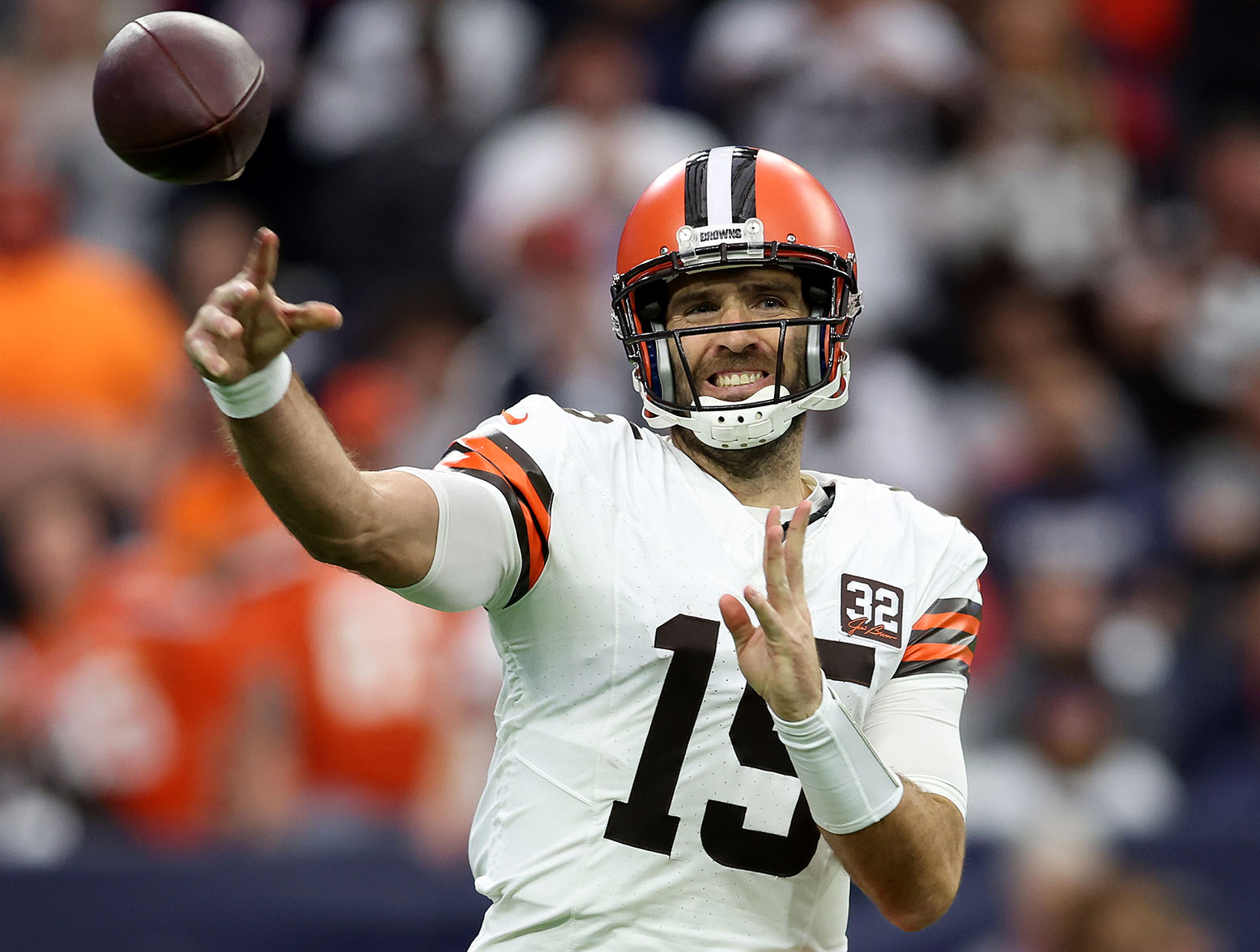 HOUSTON, TEXAS - JANUARY 13: Joe Flacco #15 of the Cleveland Browns throws a pass against the Houston Texans in the AFC Wild Card Playoffs at NRG Stadium on January 13, 2024 in Houston, Texas. (Photo by Tim Warner/Getty Images)