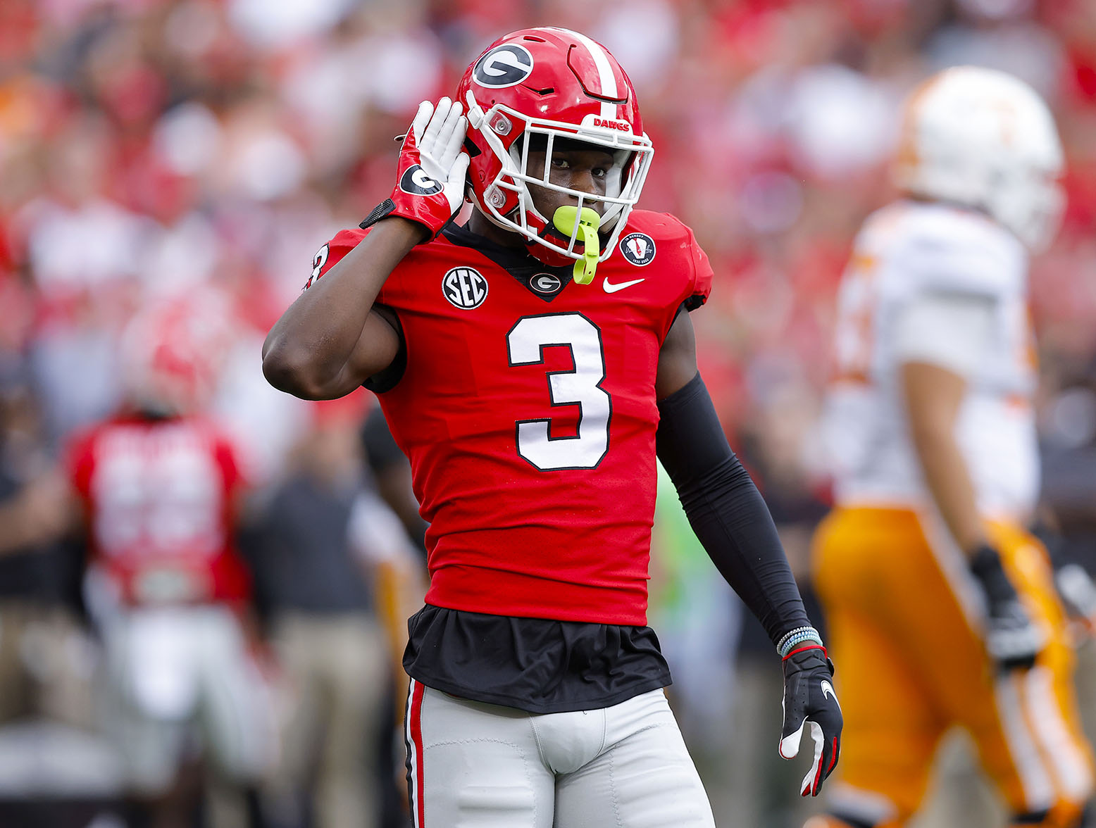 ATHENS, GEORGIA - NOVEMBER 05: Kamari Lassiter #3 of the Georgia Bulldogs reacts after a play against the Tennessee Volunteers during the second quarter at Sanford Stadium on November 05, 2022 in Athens, Georgia. (Photo by Todd Kirkland/Getty Images)