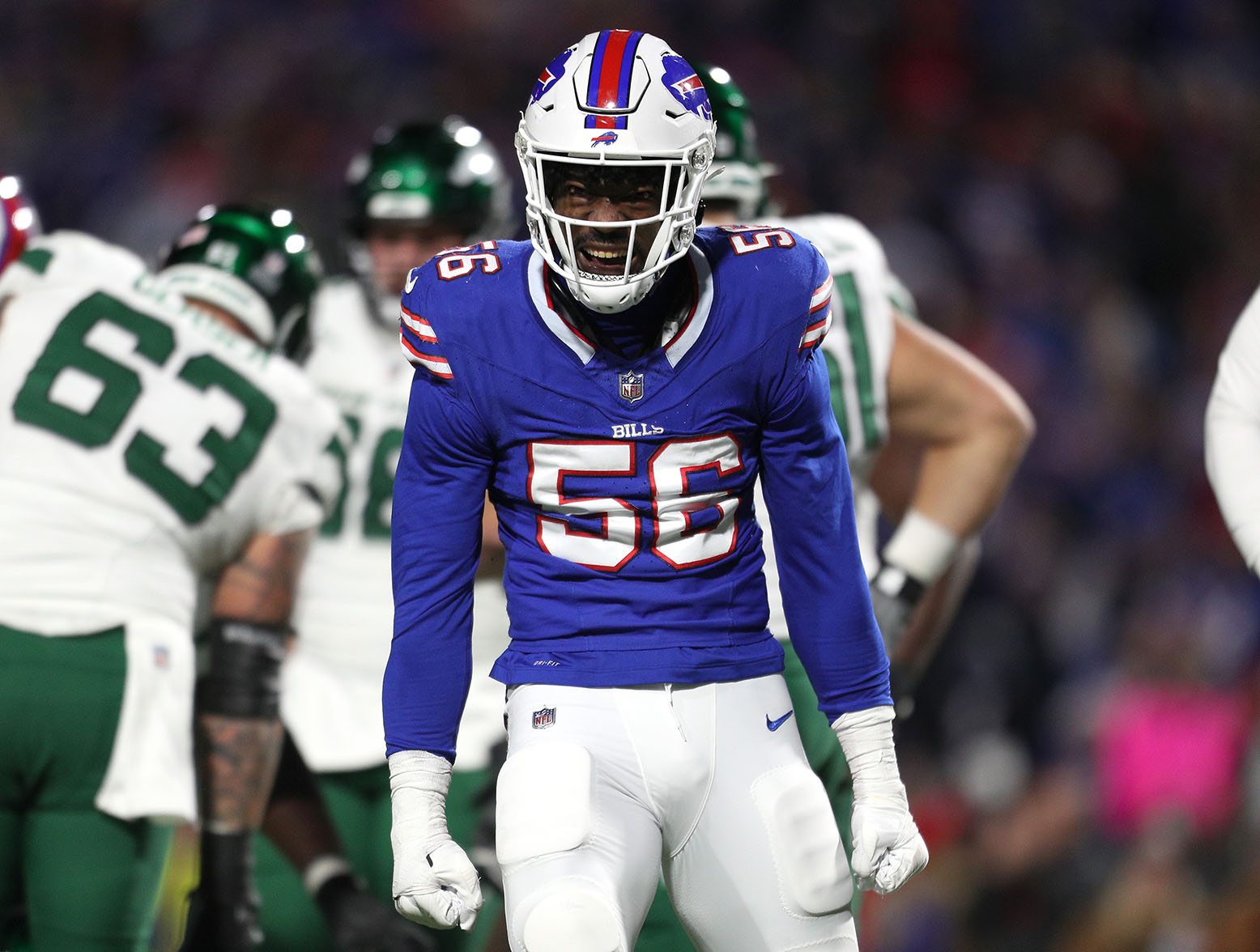 ORCHARD PARK, NEW YORK - NOVEMBER 19: Leonard Floyd #56 of the Buffalo Bills celebrates in the fourth quarter against the New York Jets at Highmark Stadium on November 19, 2023 in Orchard Park, New York. (Photo by Bryan M. Bennett/Getty Images)