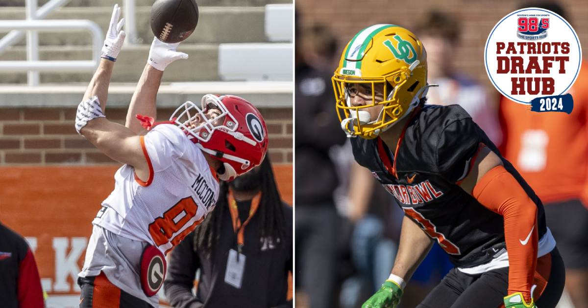 L-R: Georgia WR Ladd McConkey and Oregon S Evan Williams at the 2024 Senior Bowl (Credit: Vasha Hunt-USA TODAY Sports)