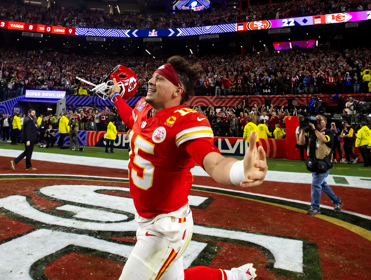 Feb 11, 2024; Paradise, Nevada, USA; Kansas City Chiefs quarterback Patrick Mahomes (15) celebrates after defeating the San Francisco 49ers in overtime of Super Bowl LVIII at Allegiant Stadium. Mandatory Credit: Mark J. Rebilas-USA TODAY Sports