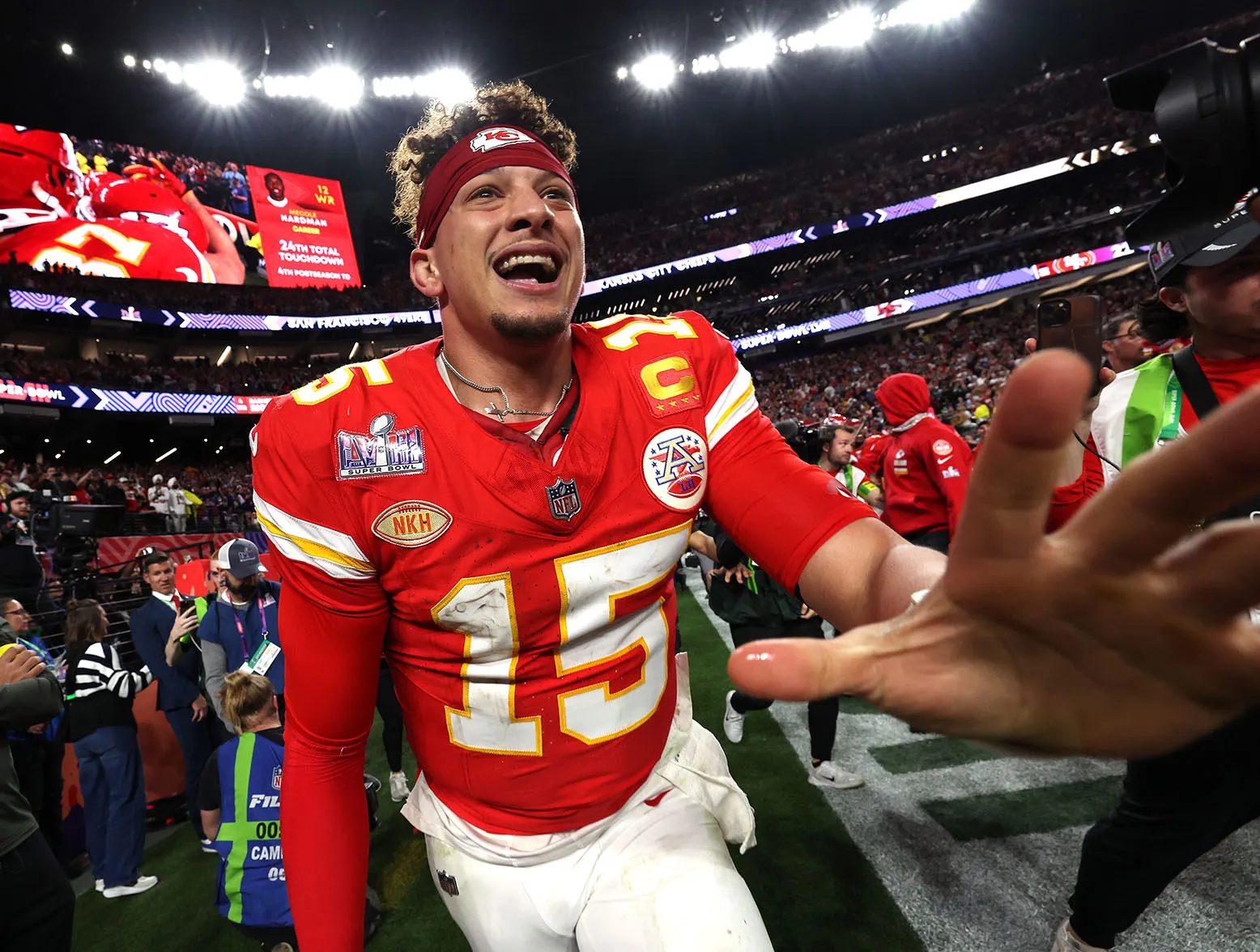LAS VEGAS, NEVADA - FEBRUARY 11: Patrick Mahomes #15 of the Kansas City Chiefs celebrates after defeating the San Francisco 49ers 25-22 in overtime during Super Bowl LVIII at Allegiant Stadium on February 11, 2024 in Las Vegas, Nevada. (Photo by Jamie Squire/Getty Images)