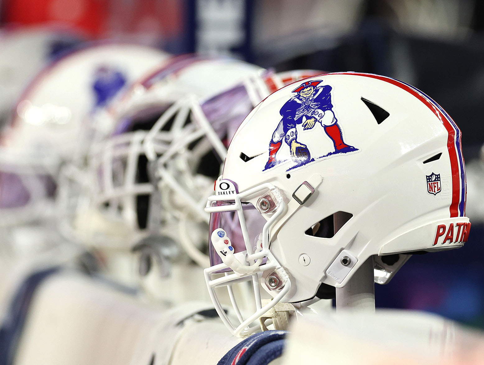 FOXBOROUGH, MASSACHUSETTS - SEPTEMBER 17: New England Patriots helmets on the bench at Gillette Stadium on September 17, 2023 in Foxborough, Massachusetts. (Photo by Maddie Meyer/Getty Images)