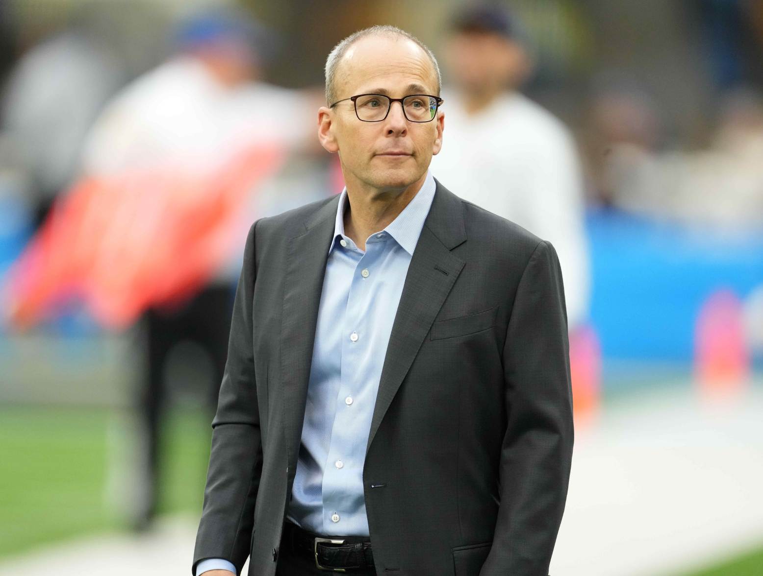 Oct 31, 2021; Inglewood, California, USA; New England Patriots president Jonathan Kraft reacts during the game against the Los Angeles Chargers at SoFi Stadium. Credit: Kirby Lee-USA TODAY Sports