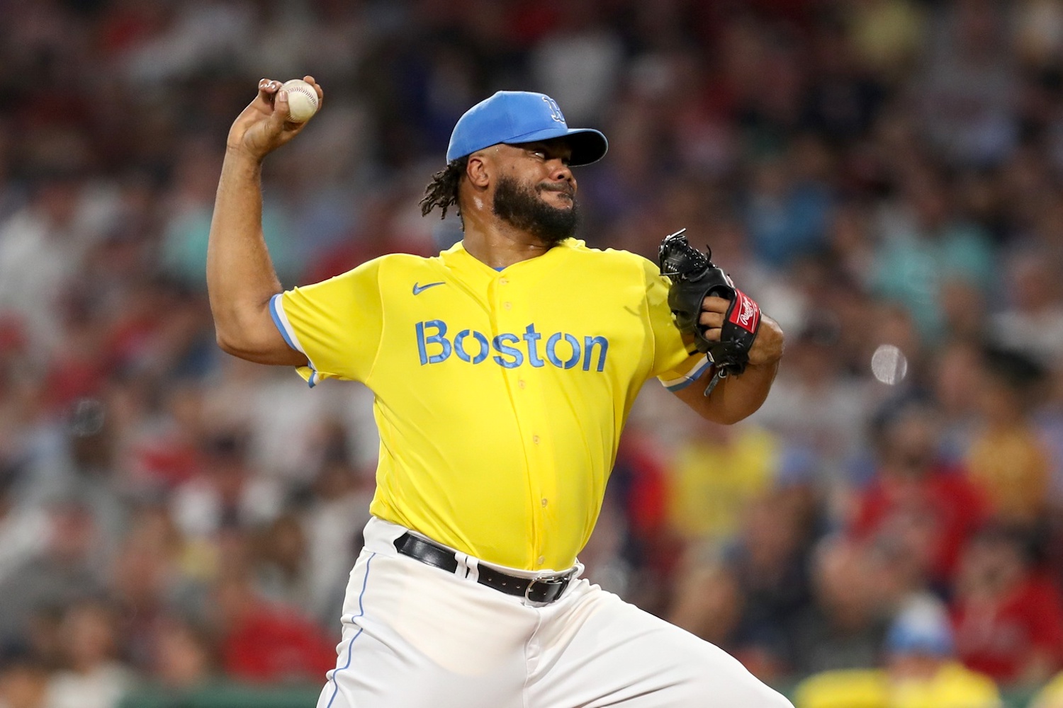 Jul 26, 2023; Boston, Massachusetts, USA; Boston Red Sox relief pitcher Kenley Jansen (74) delivers a pitch during the ninth inning against the Atlanta Braves at Fenway Park. Mandatory Credit: Paul Rutherford-USA TODAY Sports