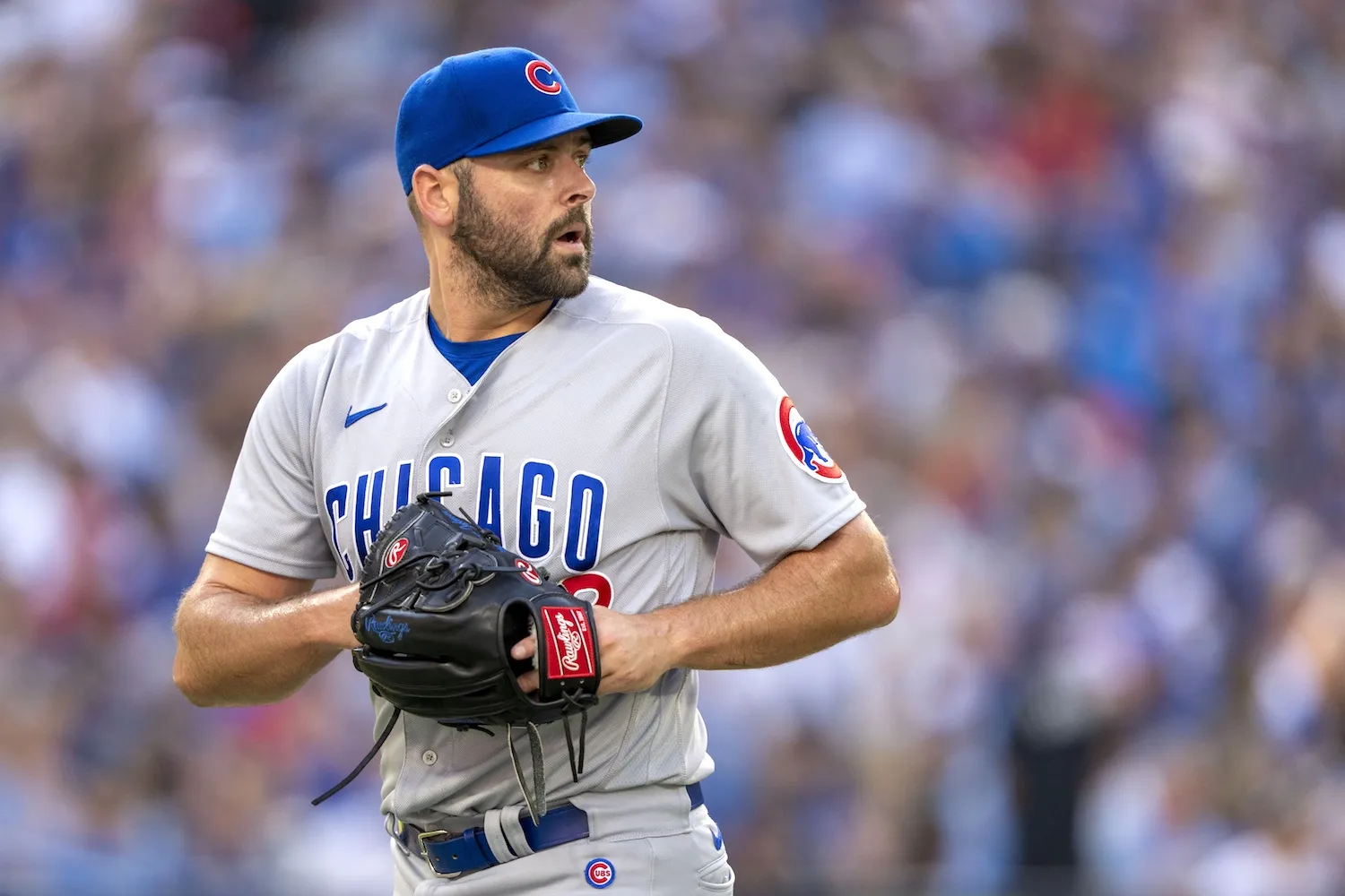 Aug 12, 2023; Toronto, Ontario, CAN; Chicago Cubs relief pitcher Michael Fulmer (32) looks on against the Toronto Blue Jays during the sixth inning at Rogers Centre. Mandatory Credit: Kevin Sousa-USA TODAY Sports