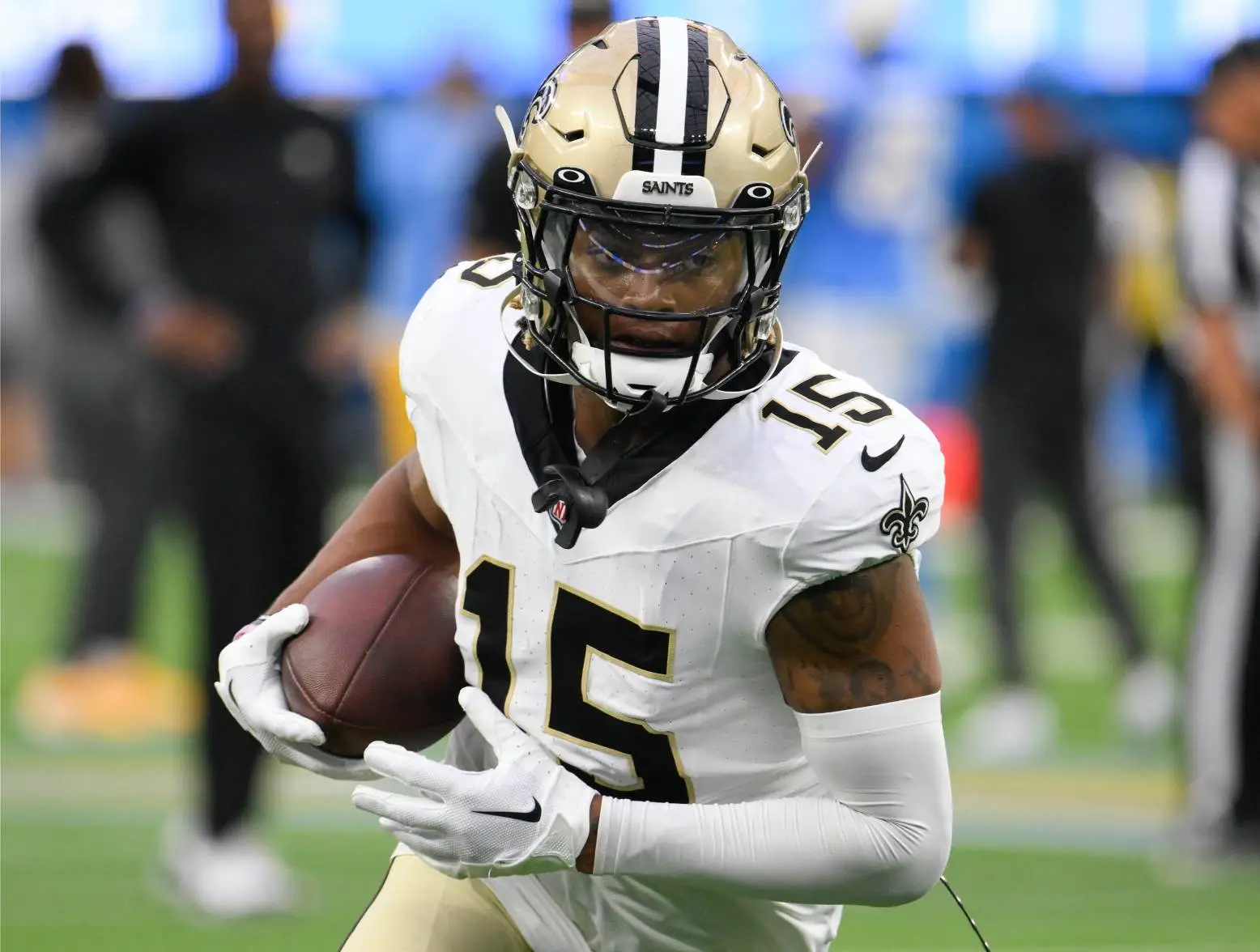 Aug 20, 2023; Inglewood, California, USA; New Orleans Saints wide receiver Kawaan Baker (15) during pregame warmups before a game against the Los Angeles Chargers at SoFi Stadium. Credit: Robert Hanashiro-USA TODAY Sports