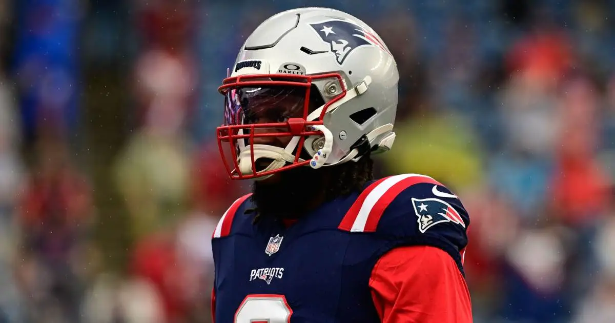 Sep 10, 2023; Foxborough, Massachusetts, USA; New England Patriots linebacker Matthew Judon (9) prepares for a game against the Philadelphia Eagles during the warm-up period at Gillette Stadium. Credit: Eric Canha-USA TODAY Sports