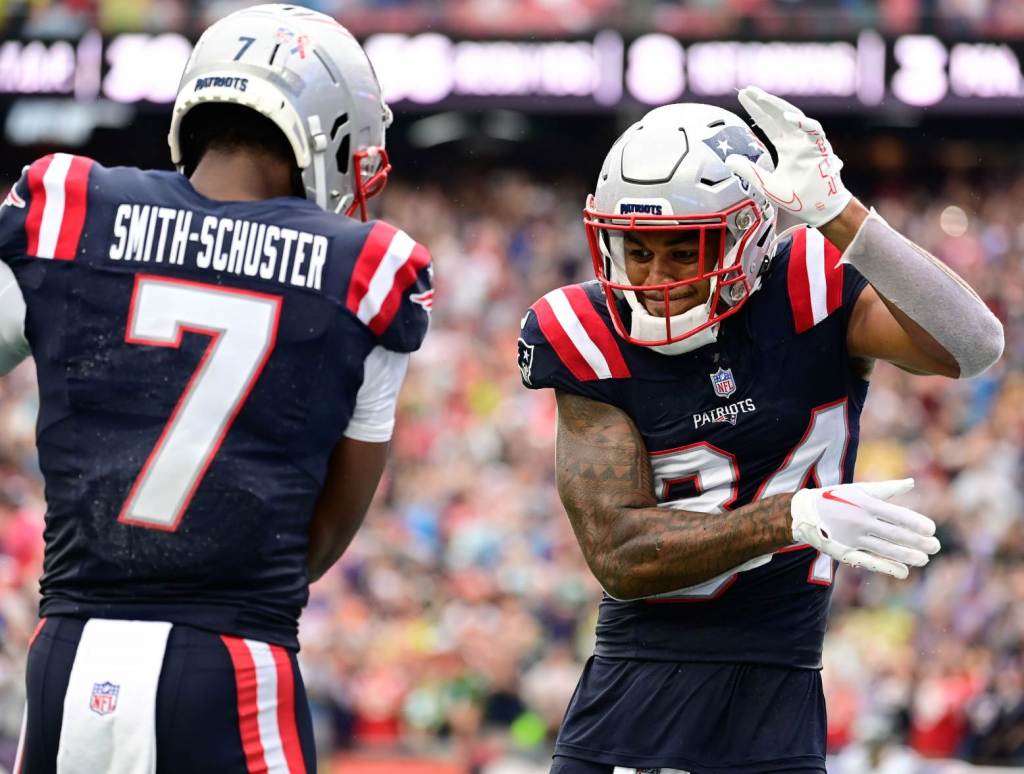 Sep 10, 2023; Foxborough, Massachusetts, USA; New England Patriots wide receiver Kendrick Bourne (84) celebrates his touchdown against the Philadelphia Eagles with wide receiver JuJu Smith-Schuster (7) during the first half at Gillette Stadium. Credit: Eric Canha-USA TODAY Sports