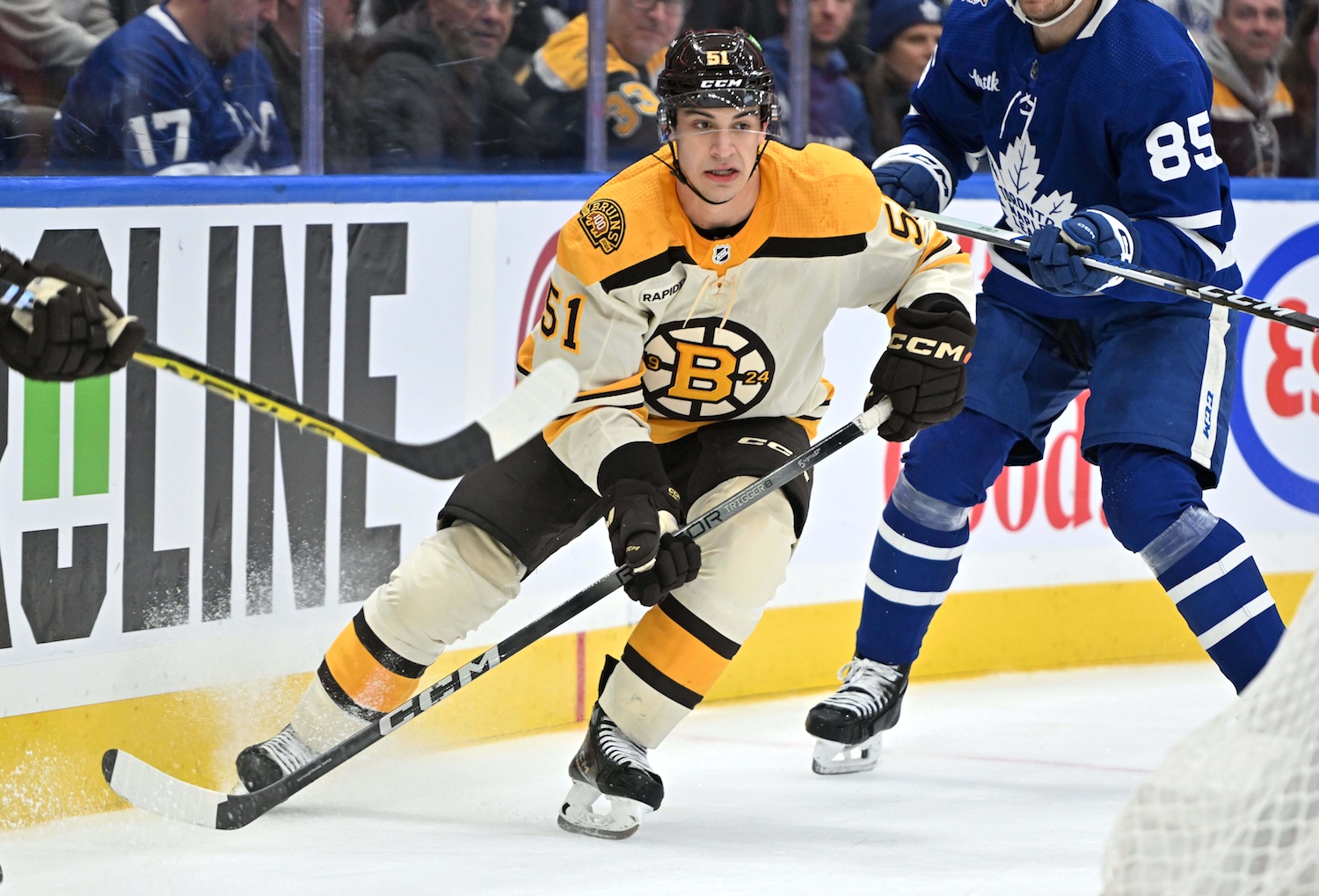 Dec 2, 2023; Toronto, Ontario, CAN; Boston Bruins forward Mathew Poitras (51) pursues the play against the Toronto Maple Leafs in the second period at Scotiabank Arena. Mandatory Credit: Dan Hamilton-USA TODAY Sports
